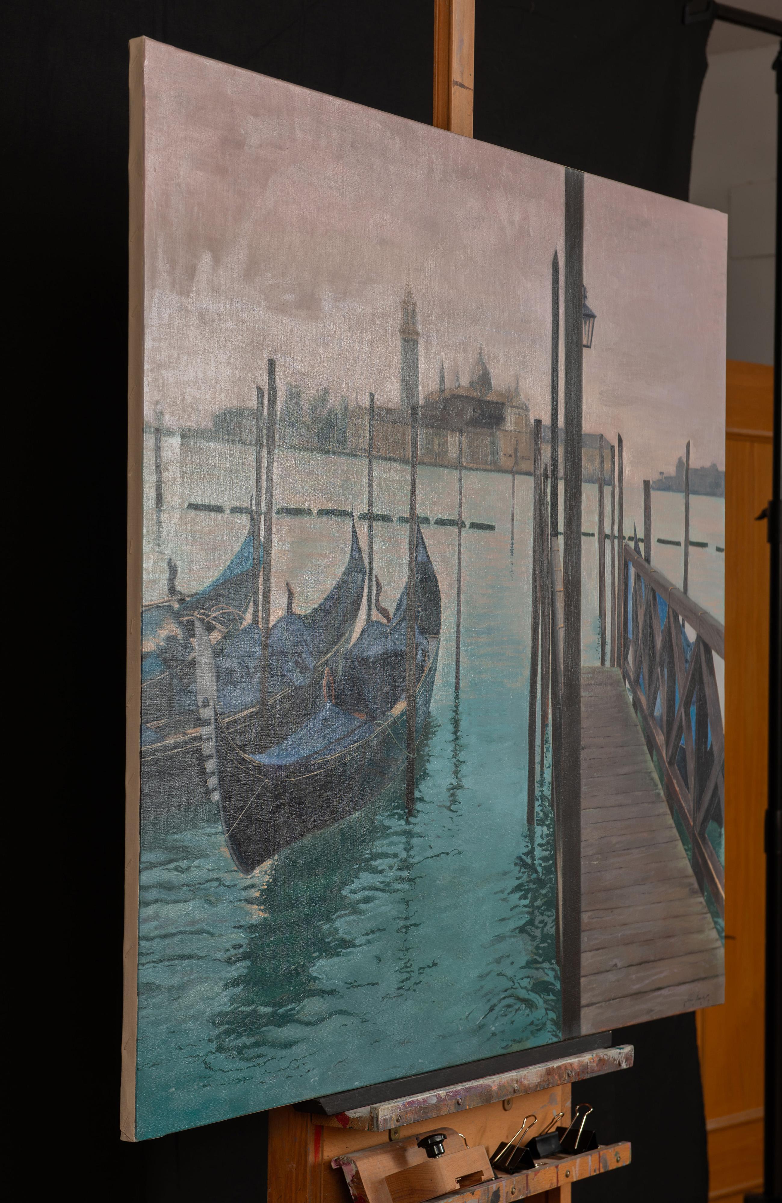 Venise II - Noir Landscape Painting par Juan Álvarez Cebrián