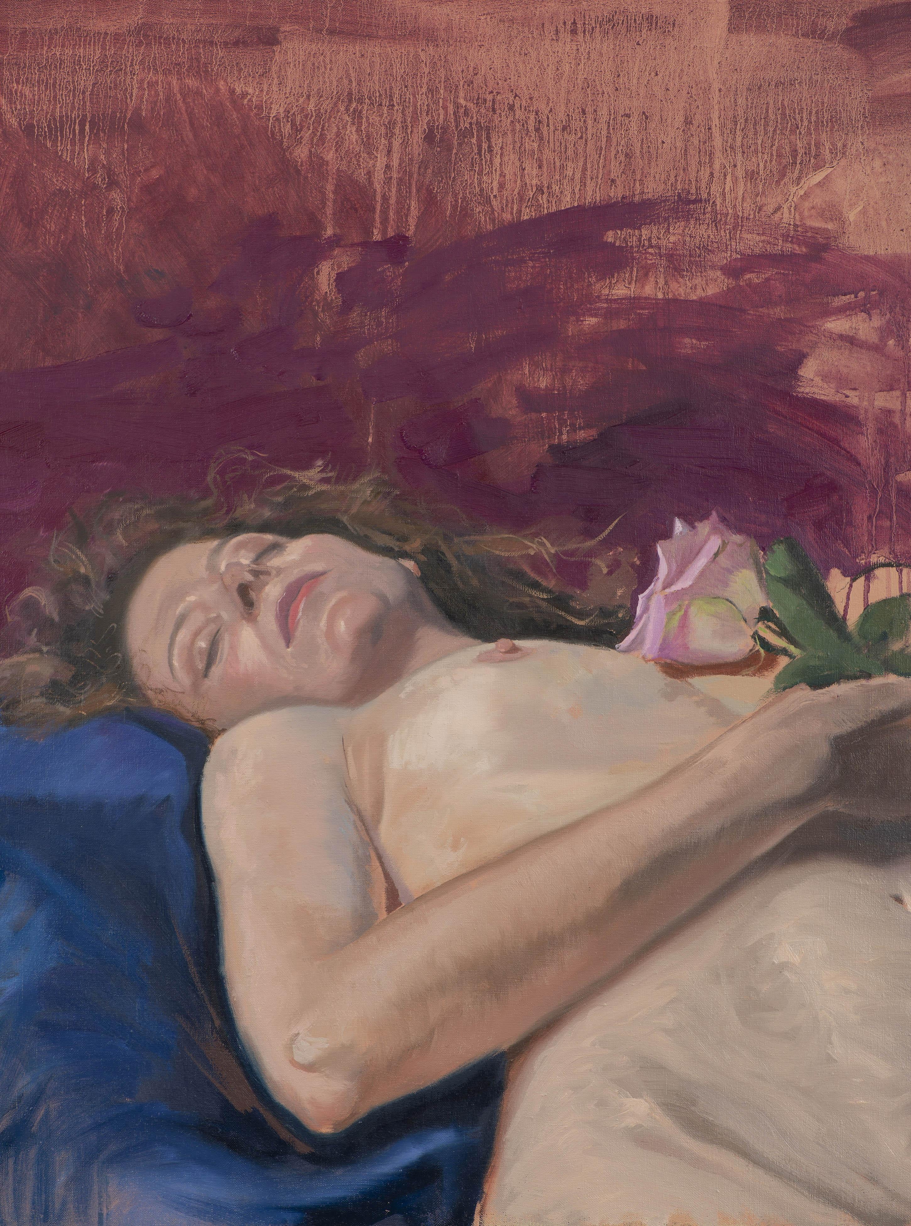 Frau, die mit Rosen liegt. – Painting von Juan Álvarez Cebrián