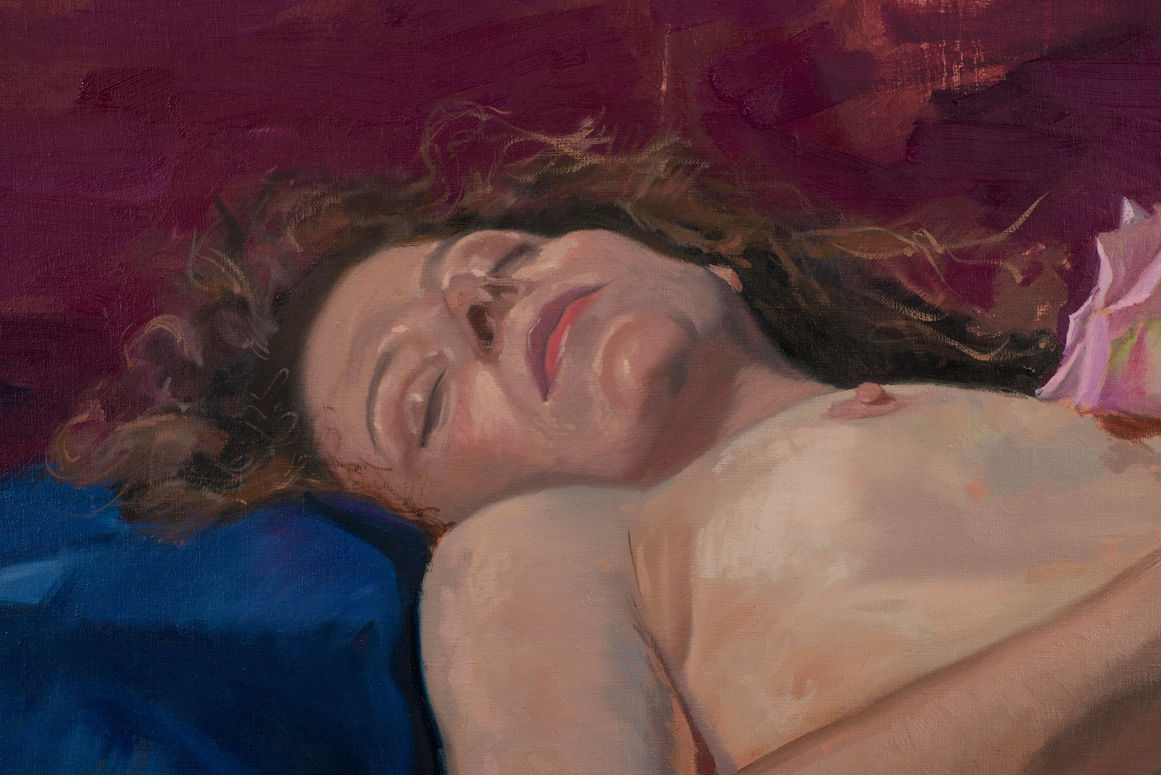 Frau, die mit Rosen liegt. (Realismus), Painting, von Juan Álvarez Cebrián