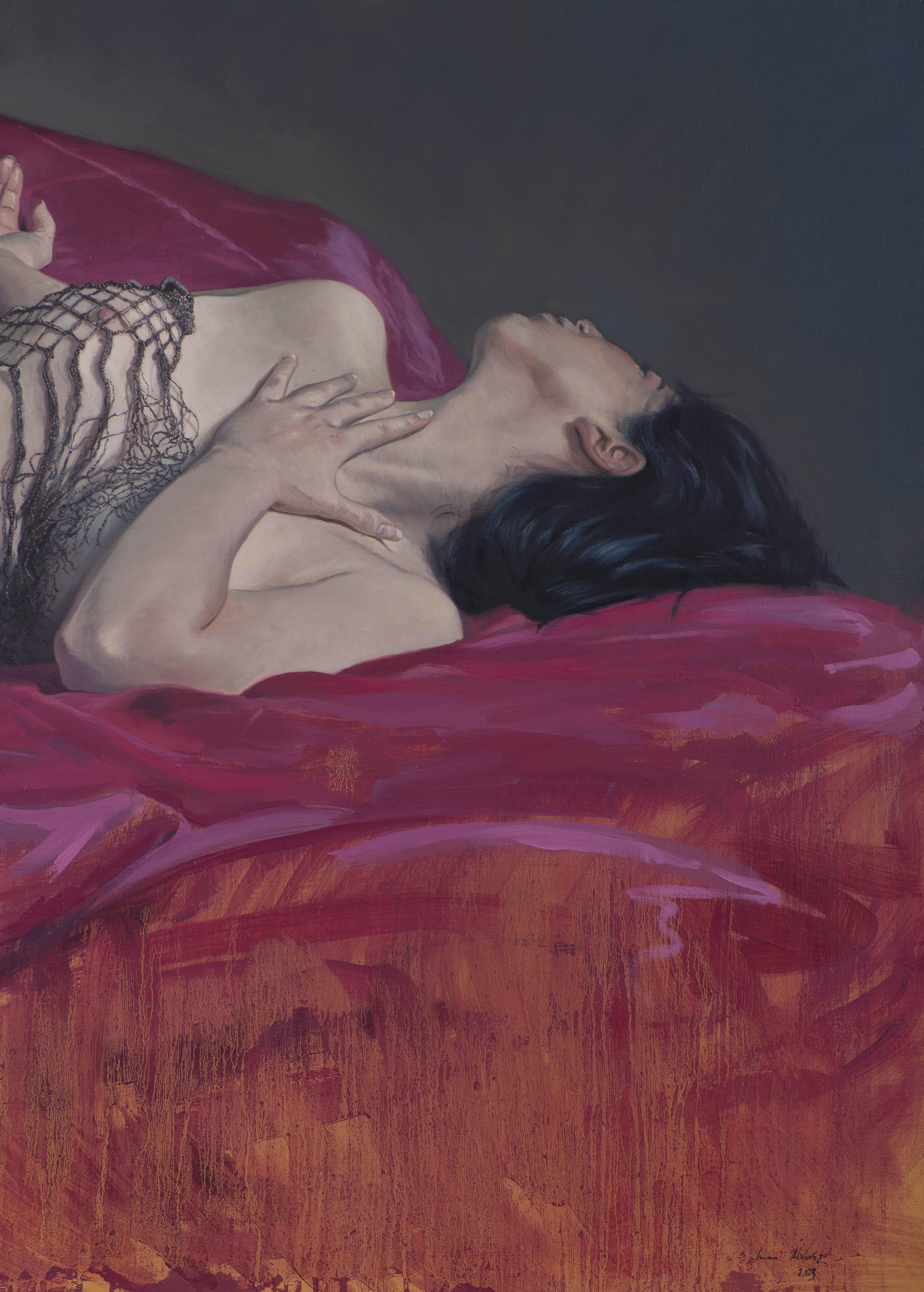 Frau auf rotem Tuch II (Realismus), Painting, von Juan Álvarez Cebrián
