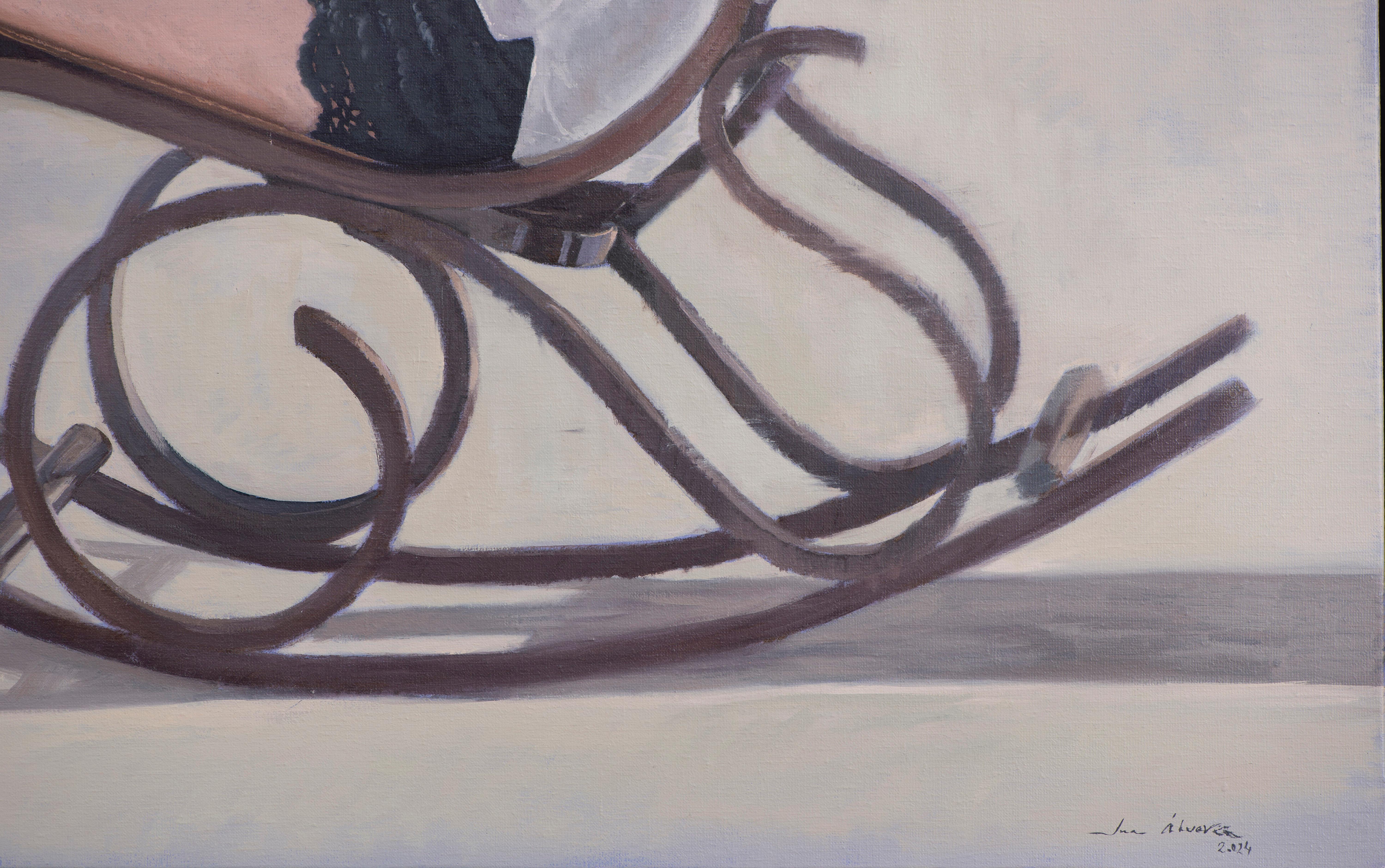 Woman reading in a rocking chair II - Gray Figurative Painting by Juan Álvarez Cebrián