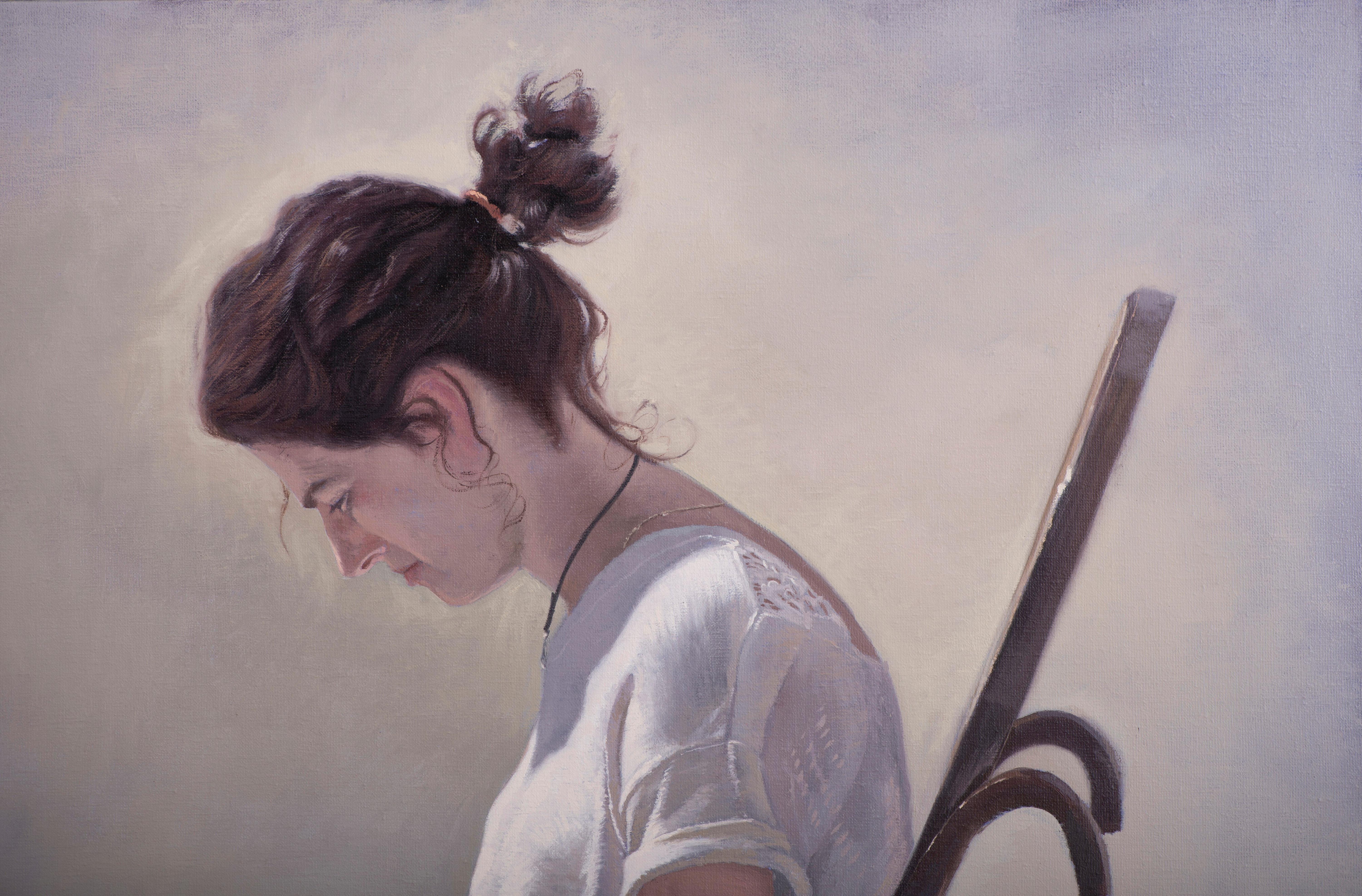 In this painting, a young woman seated at a rocking chair is shown absorbed in reading a book, capturing a moment of summer serenity. Depicted from the left side, it complements the previous painting, where she is portrayed from the right, thus