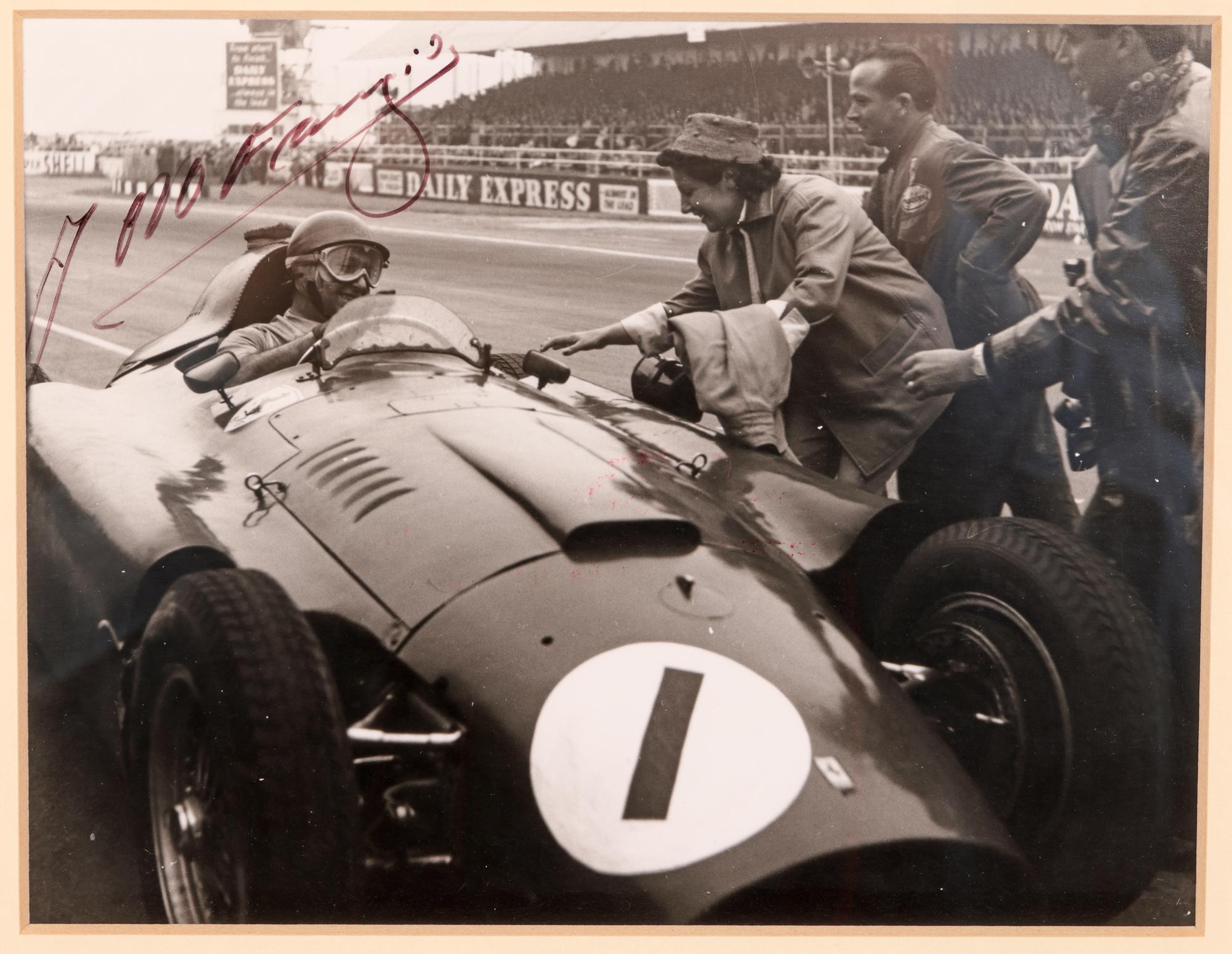 English Juan Manuel Fangio Signed British Grand Prix Framed Photograph