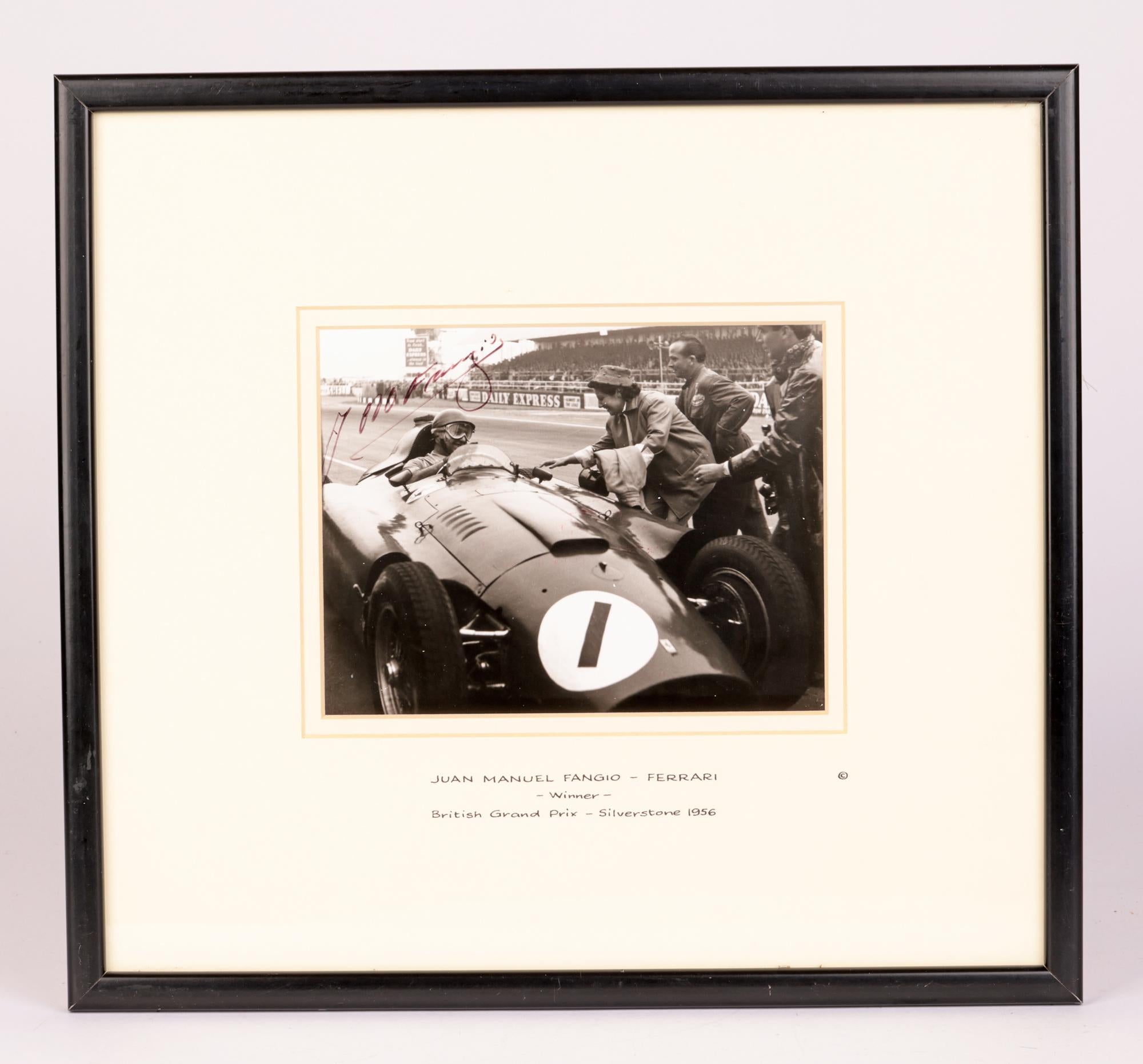 Juan Manuel Fangio Signed British Grand Prix Framed Photograph In Good Condition In Bishop's Stortford, Hertfordshire