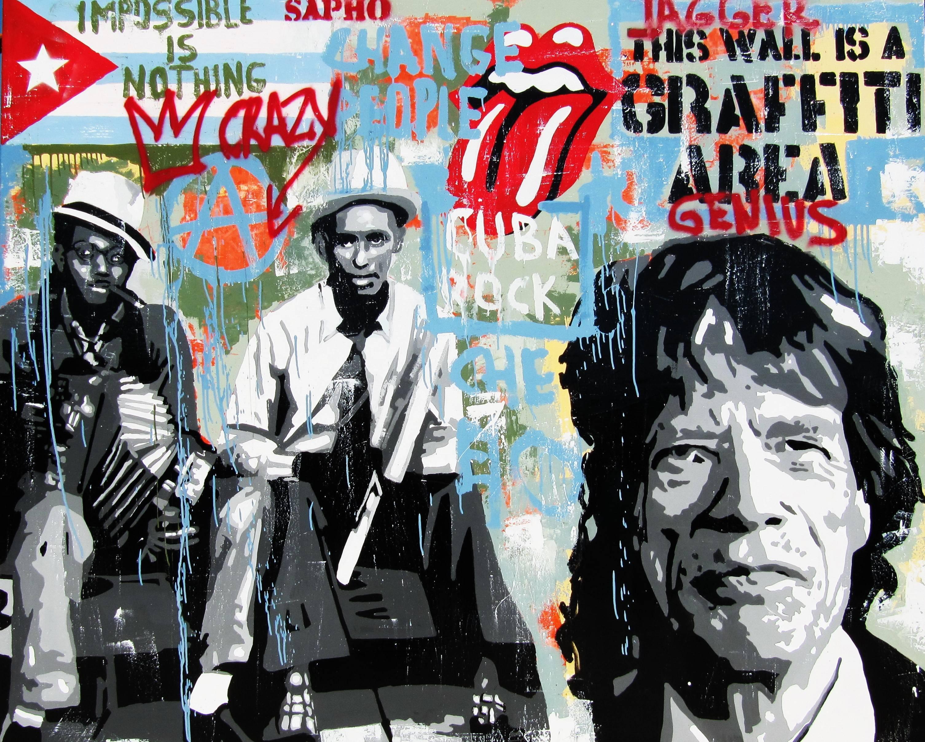 Pajares  Mick Jagger  Cuba Rock  Big   Original- street art Mixed Media 