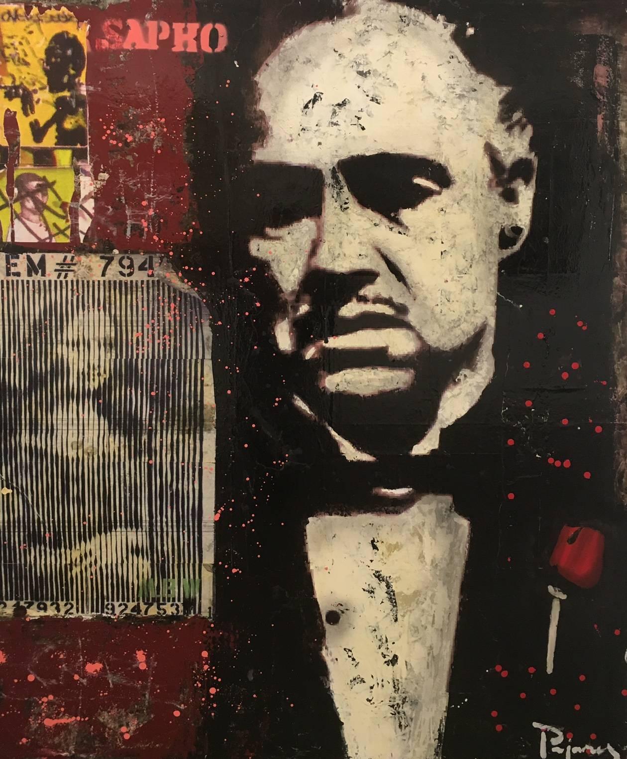 JUAN MANUEL PAJARES Portrait Painting –  Pajares   Marlon Brando GAME Kino Original Straßenkunst Mixed-Media-Leinwand 