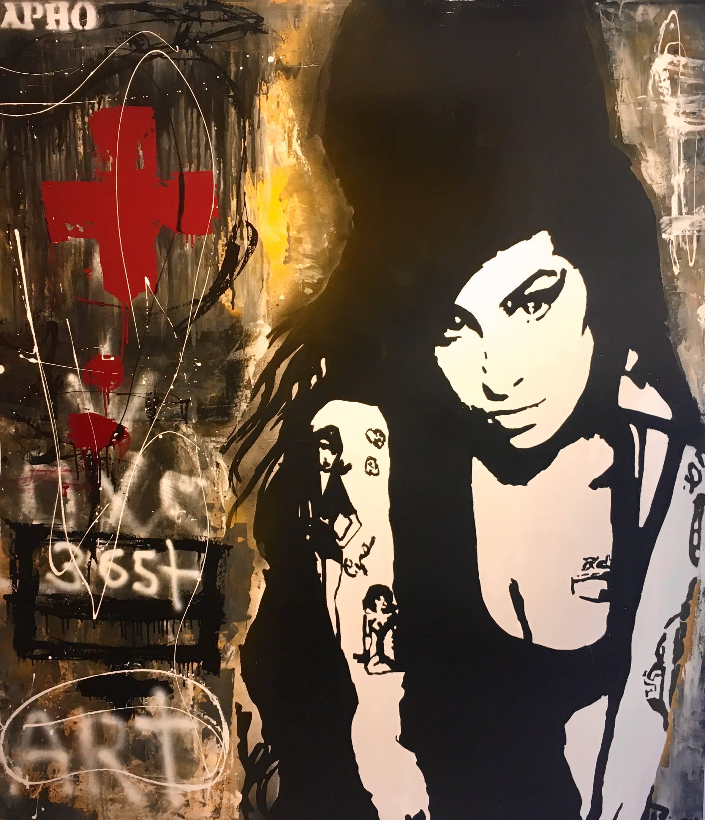JUAN MANUEL PAJARES Portrait Painting - Pajares 26  Vertical Emi "CROSS" original street art Big  canvas painting