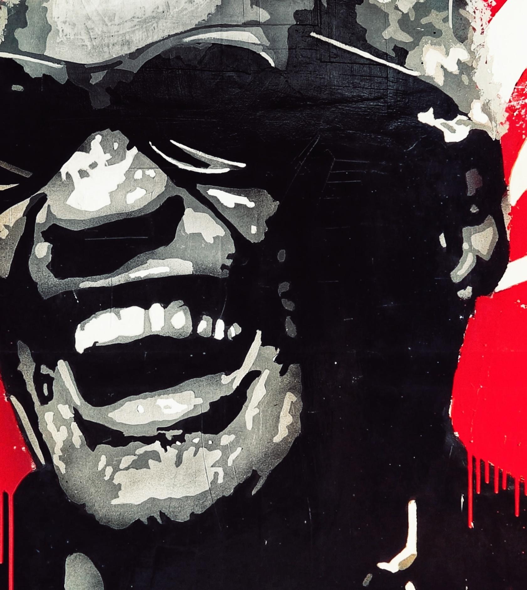 Pajares 6 Big Vertical Red Rai Charles HEY. Peinture originale d'art de la rue - Noir Portrait Painting par JUAN MANUEL PAJARES