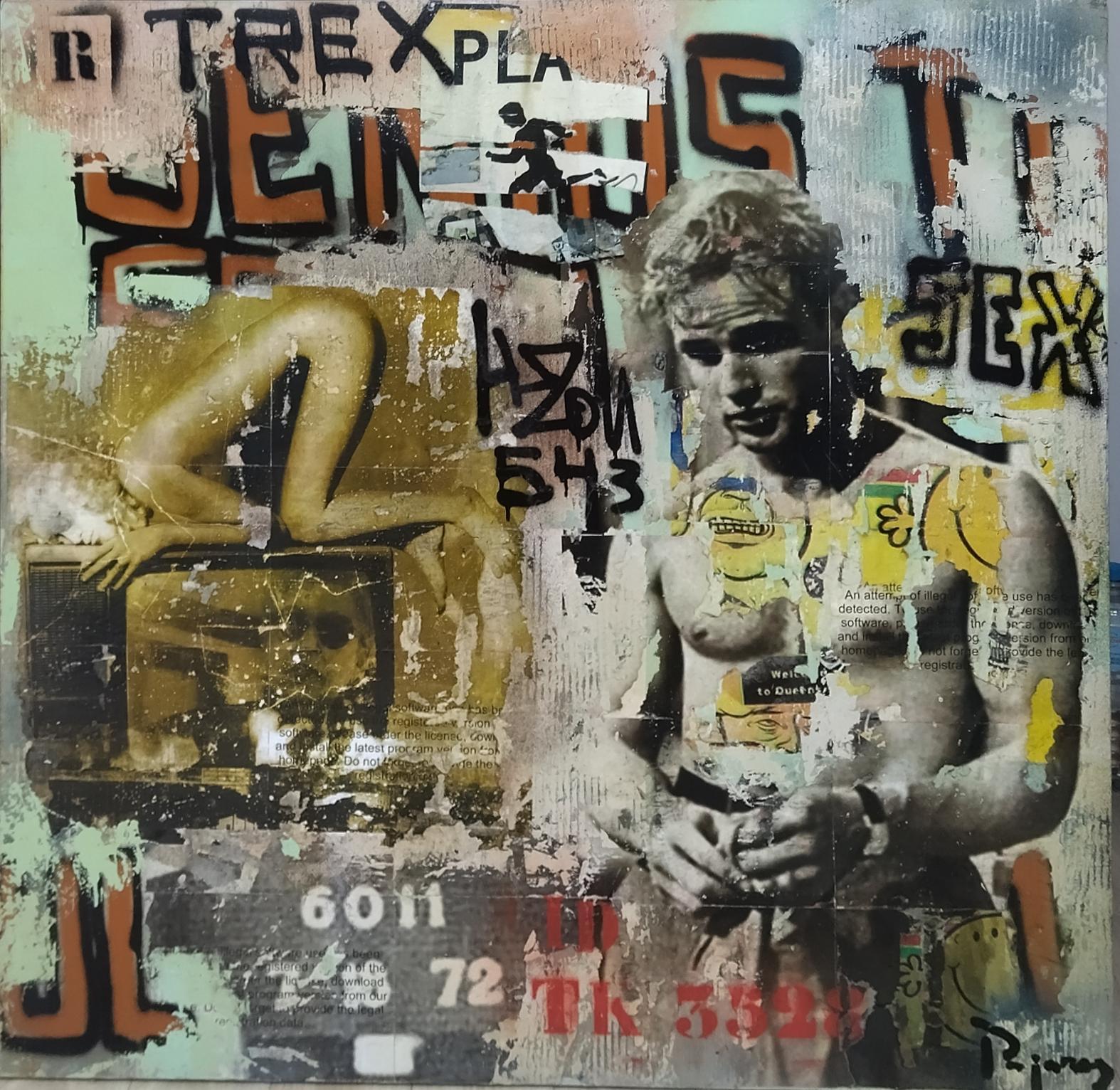 Pajares  Sex Square   original street art mixed media wood painting - Painting by JUAN MANUEL PAJARES