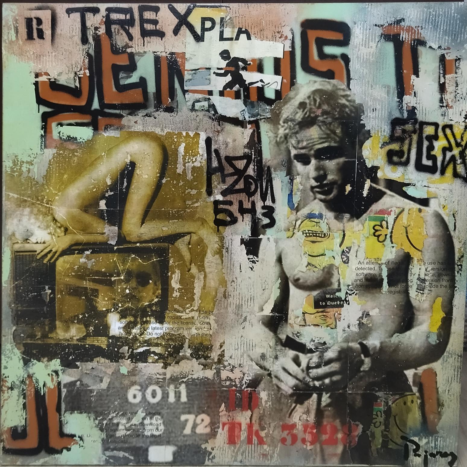 Pajares  Sex Square   original street art mixed media wood painting - Street Art Painting by JUAN MANUEL PAJARES