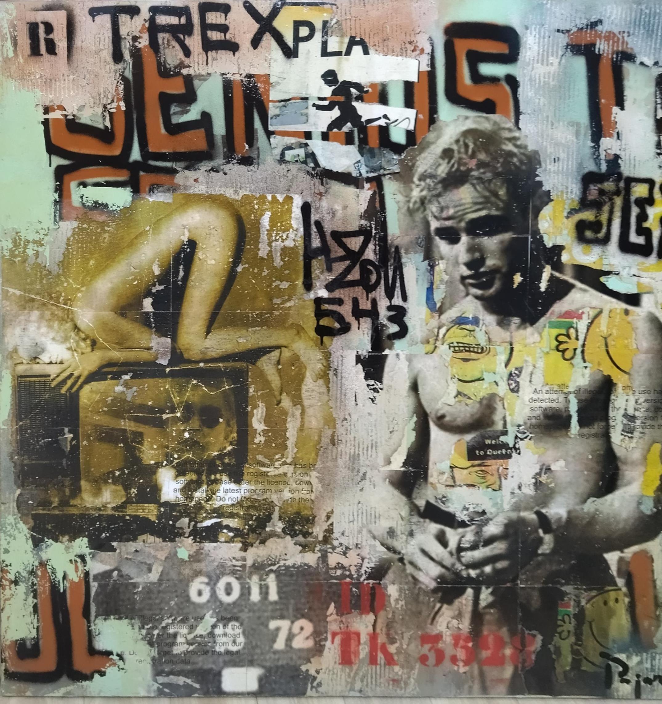 Pajares  Sex Square   original street art mixed media wood painting - Brown Abstract Painting by JUAN MANUEL PAJARES