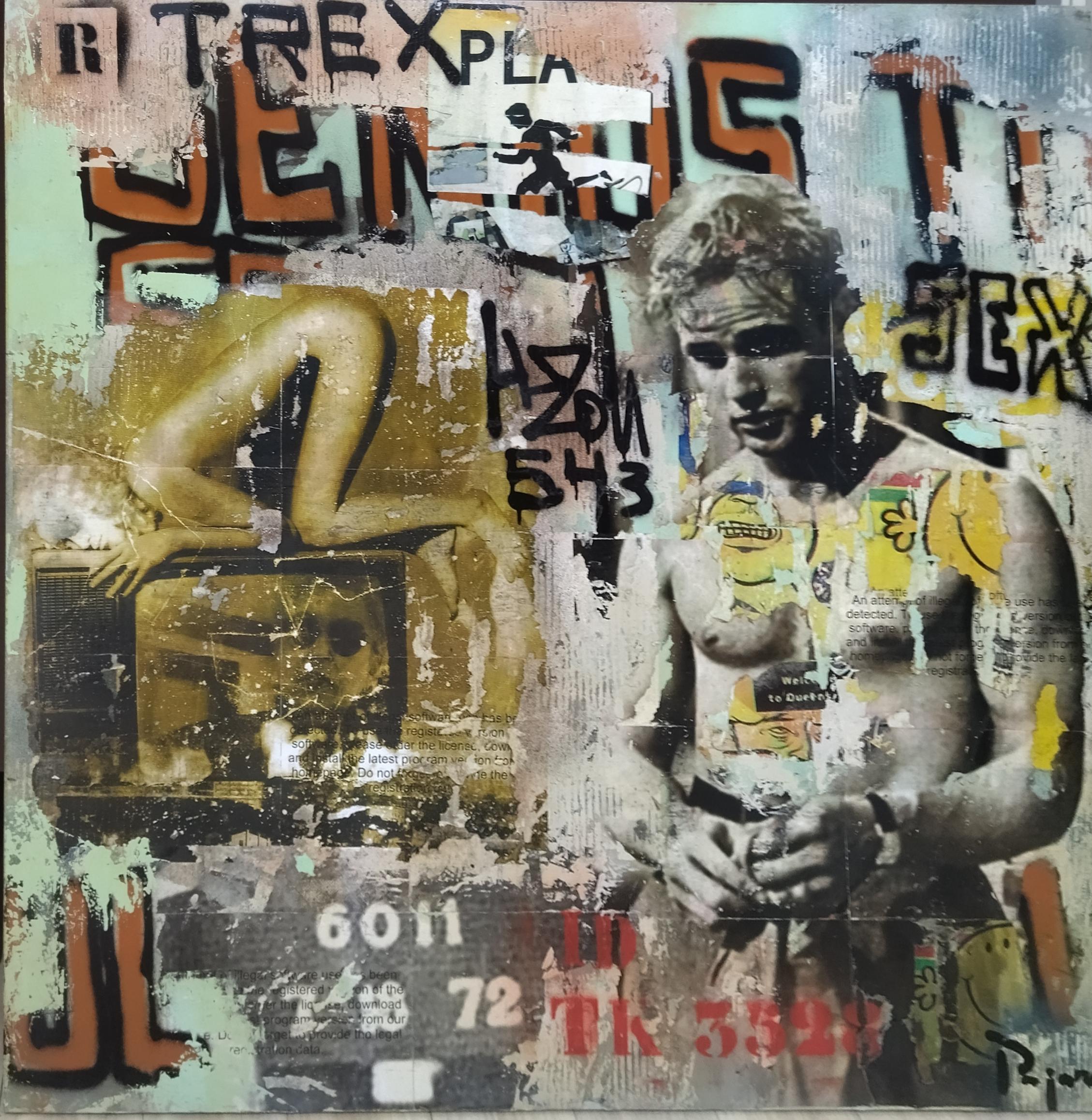 JUAN MANUEL PAJARES Abstract Painting - Pajares  Sex Square   original street art mixed media wood painting