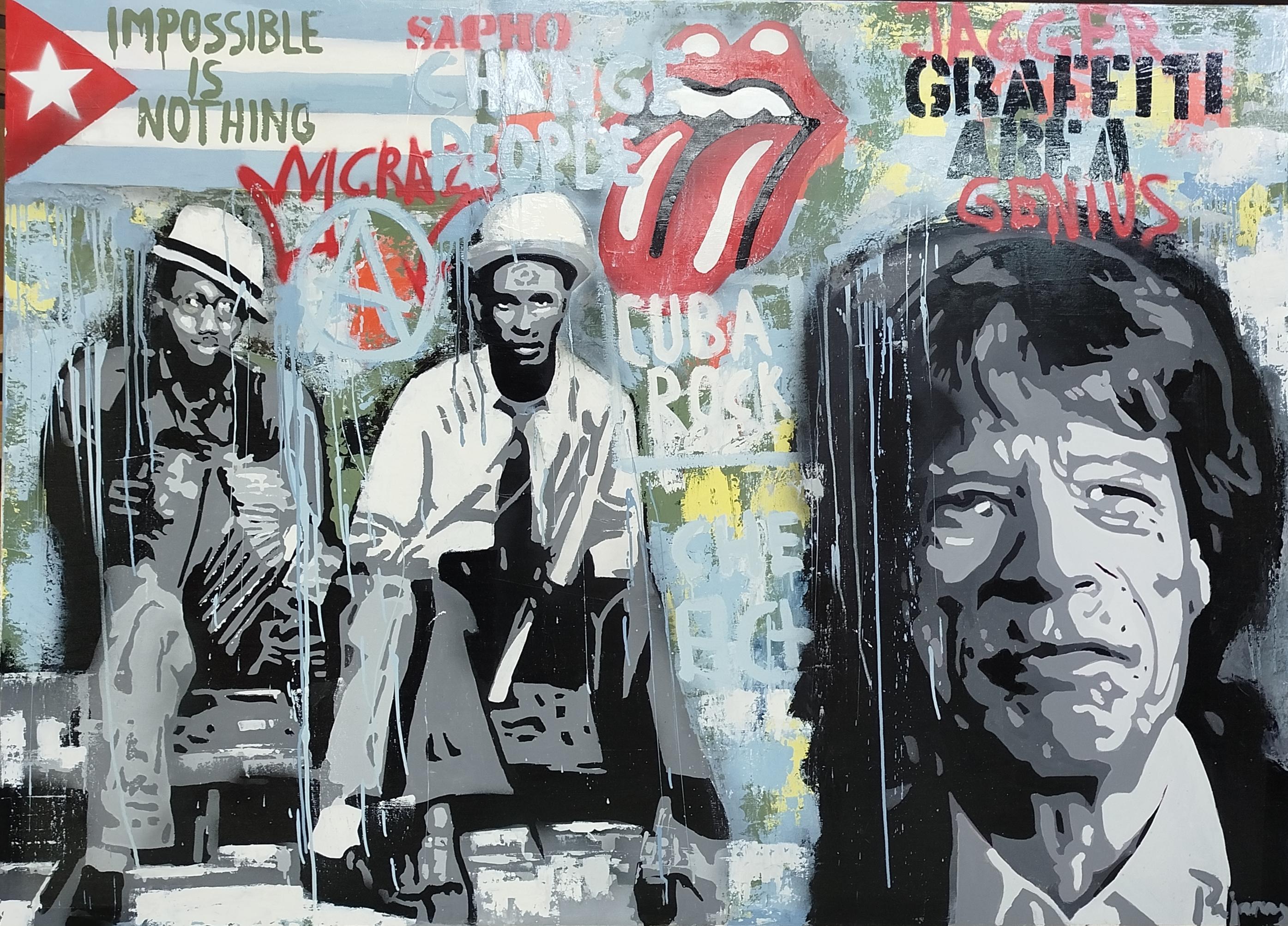 Pajares  Mick Jagger  Kuba Rock  Bigli   Mixed Media- Street Art (Grau), Portrait Painting, von JUAN MANUEL PAJARES