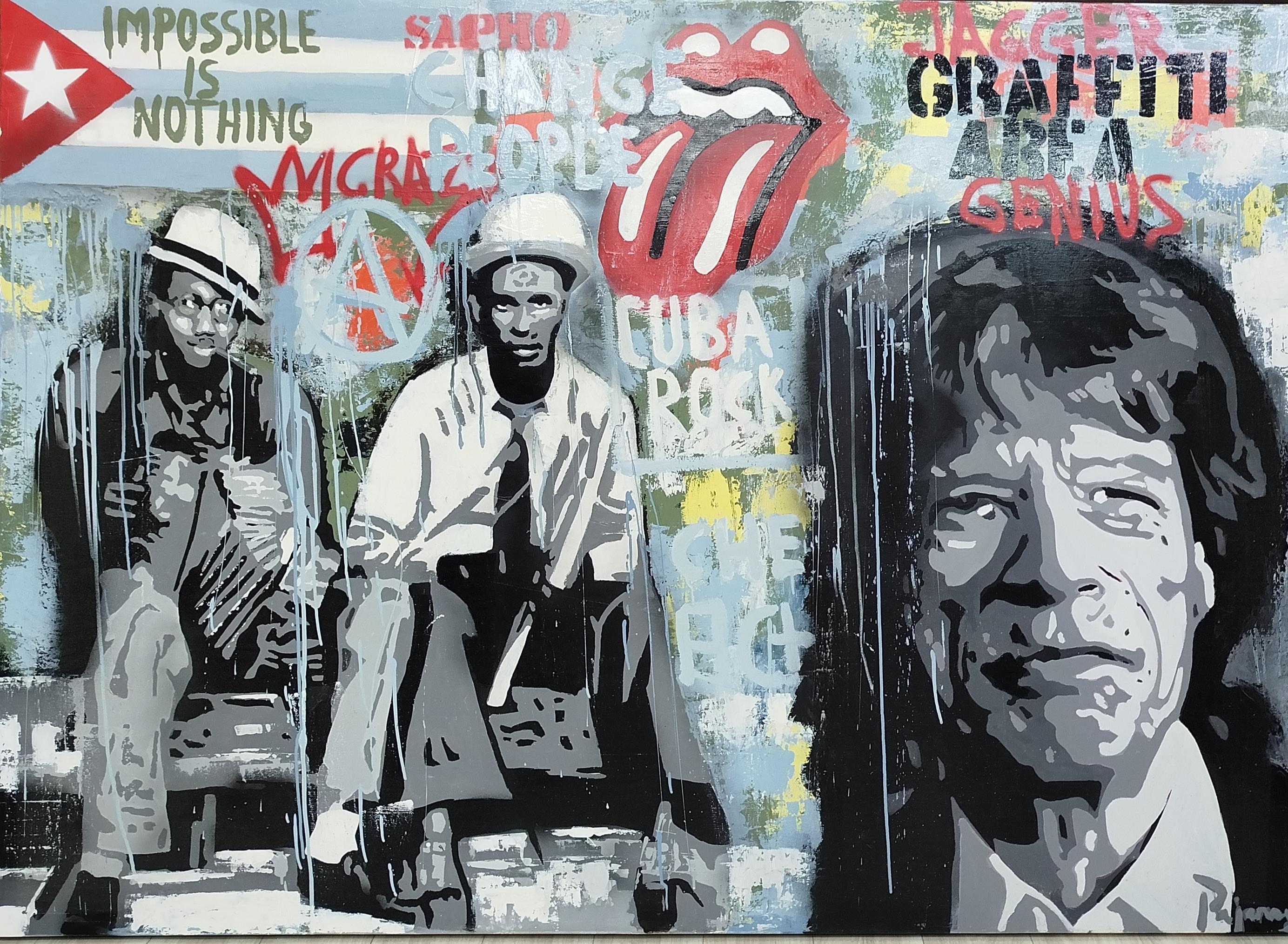 Pajares Mick Jagger Cuba Rock Big Original- street art Mixed Media