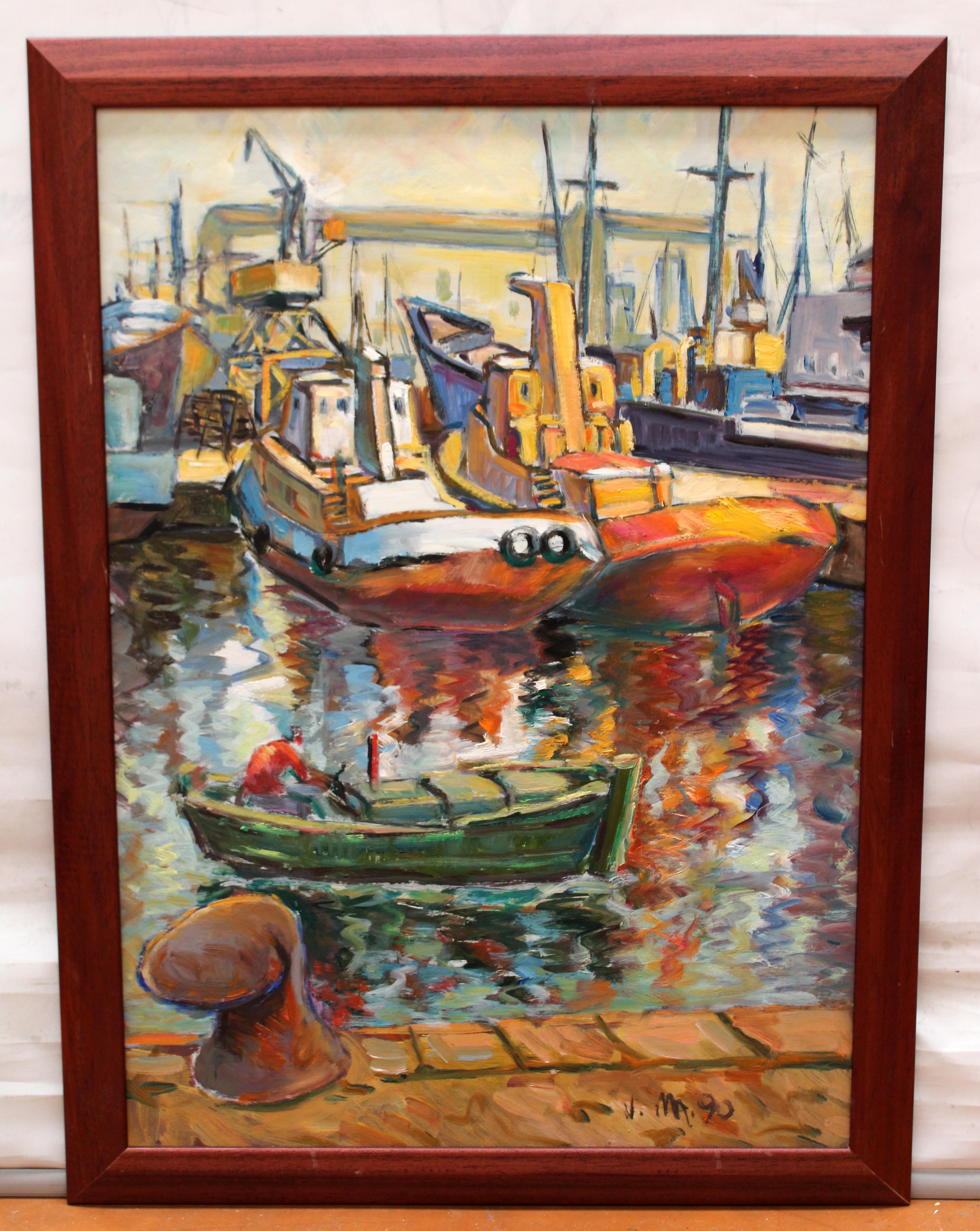 Vista de un puerto - 1990 - Óleo sobre cartulina - Painting di Juan Mendoza Marruedo