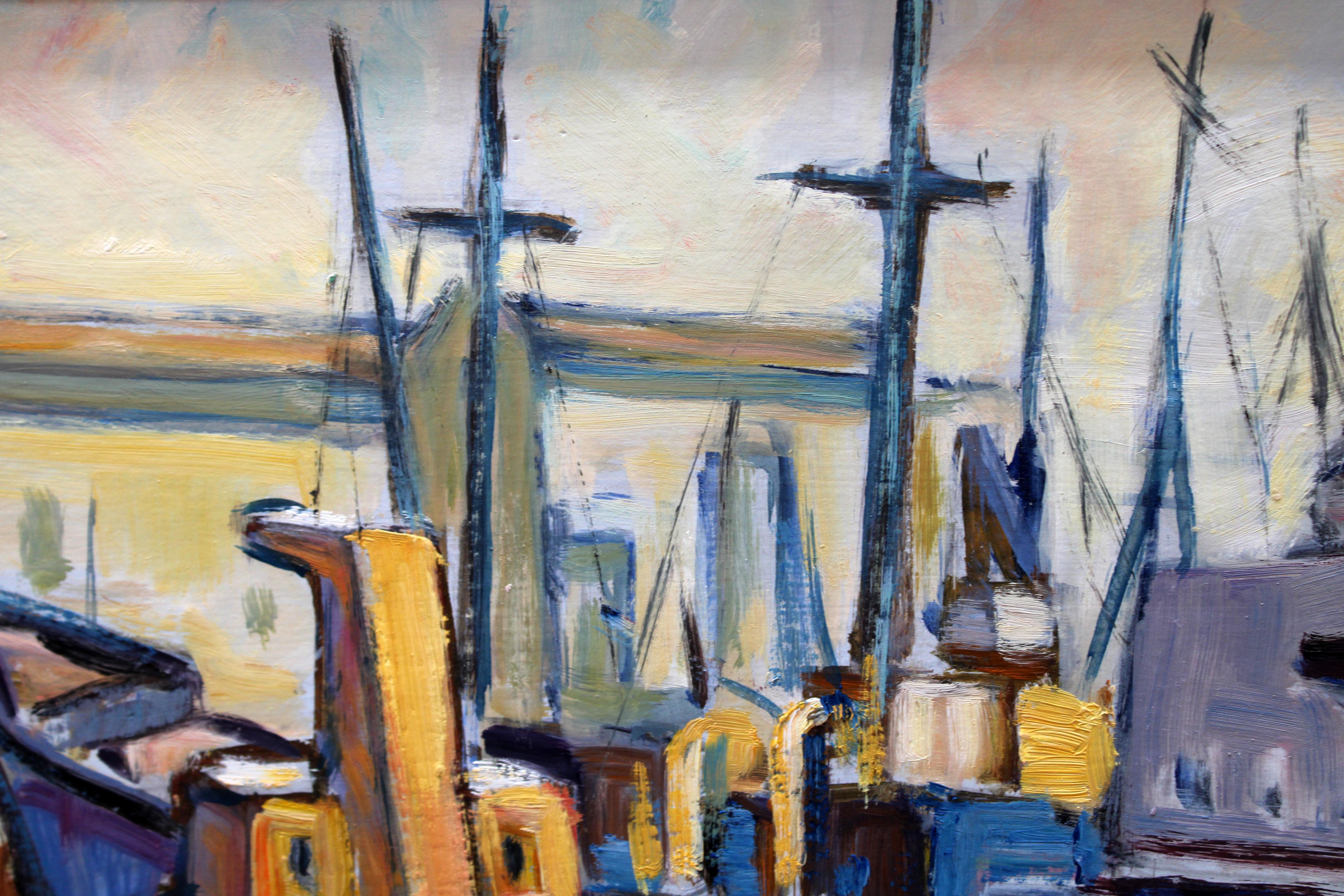 Vista de un puerto - 1990 - Óleo sobre cartulina - Painting Cubismo di Juan Mendoza Marruedo