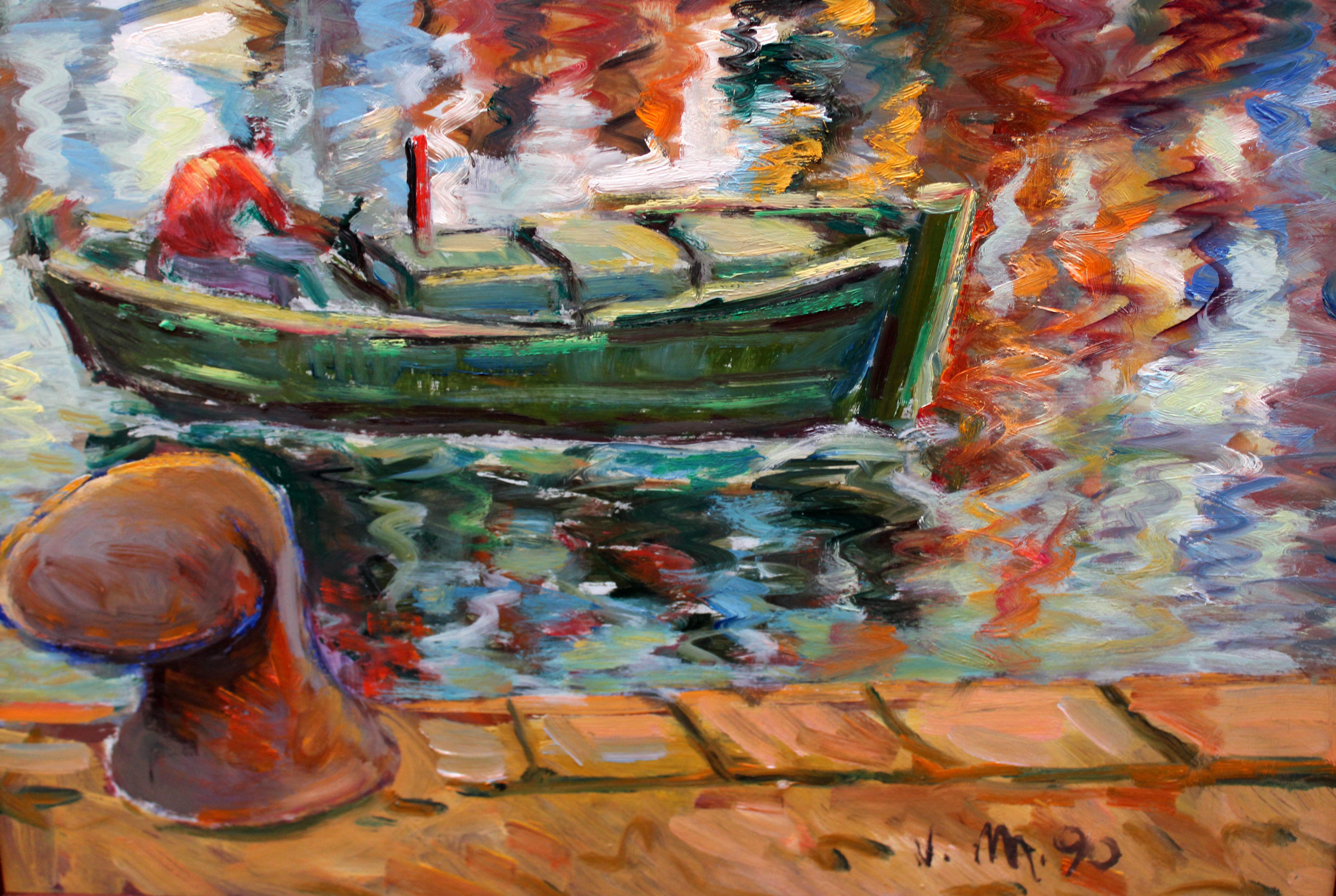 Vista de un puerto - 1990 - Óleo sobre cartulina in vendita 1