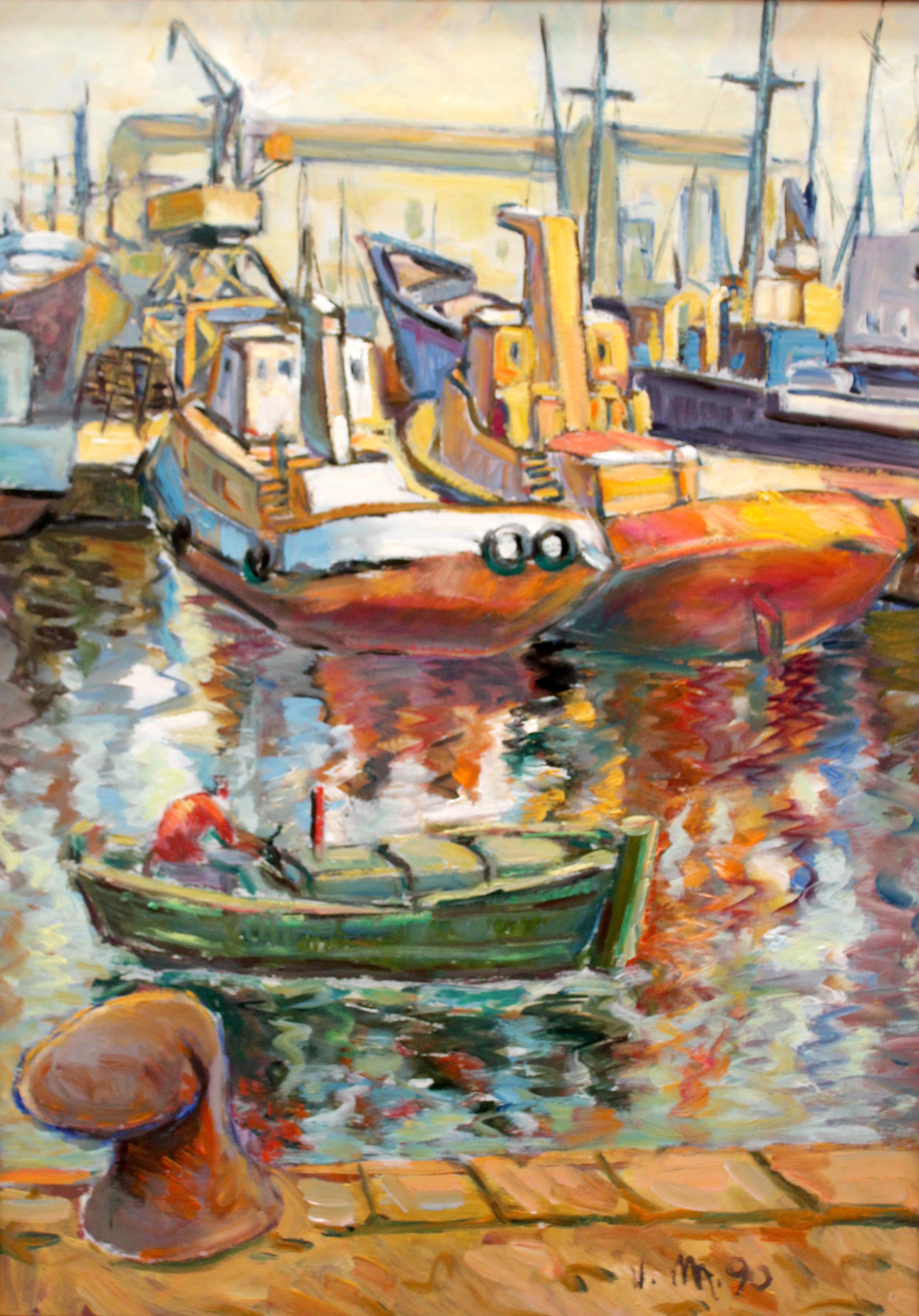 Landscape Painting di Juan Mendoza Marruedo - Vista de un puerto - 1990 - Óleo sobre cartulina