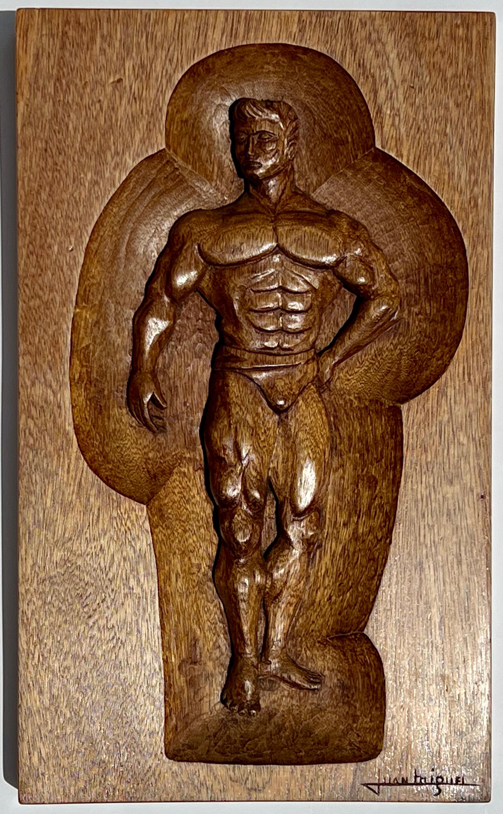 3 Carved Wood Plaques Outsider Modern Mid 20th Century Latin Gay LGBT Beefcake - Sculpture by Juan Miguel