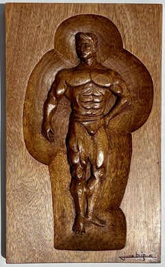 3 targhe in legno intagliato Outsider Modern metà del XX secolo Latin Gay LGBT Beefcake