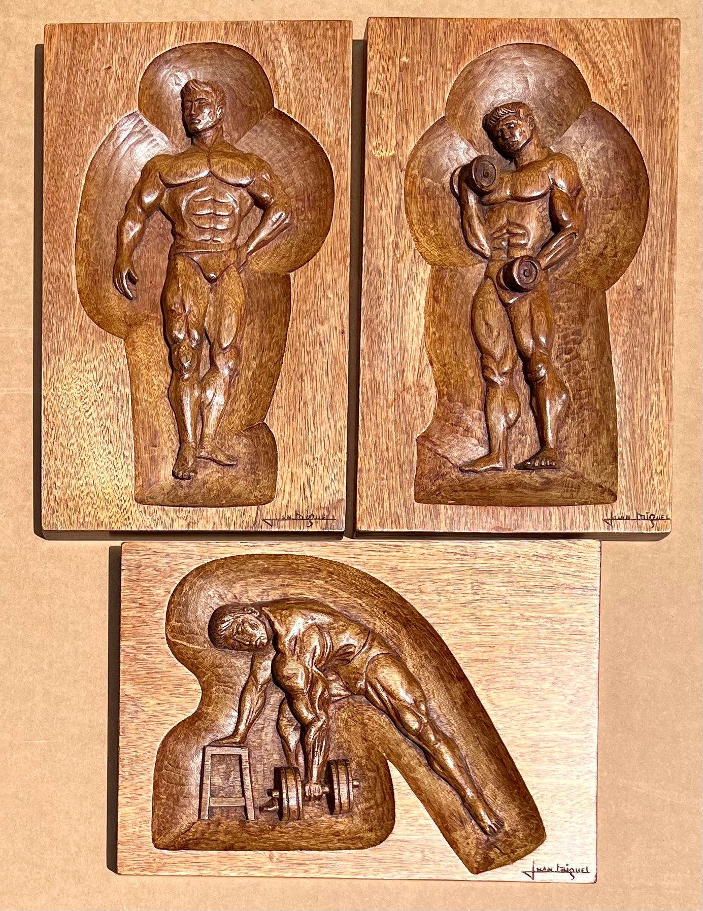 3 Carved Wood Plaques Outsider Modern Mid 20th Century Latin Gay Male LGBT Beefcake

Each plaque is 16 x 10 x 1 1/4 inches. Two are vertical and one is horizontal. Each is incised with the signature Juan Miguel on the lower right. We've had the