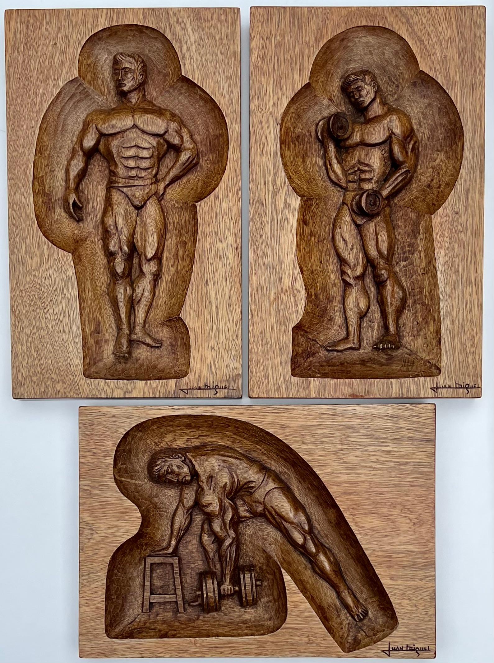 Juan Miguel Figurative Sculpture - 3 Carved Wood Plaques Outsider Modern Mid 20th Century Latin Gay LGBT Beefcake
