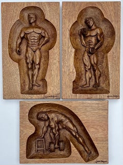 3 Carved Wood Plaques Outsider Modern Mid 20th Century Latin Gay LGBT Beefcake