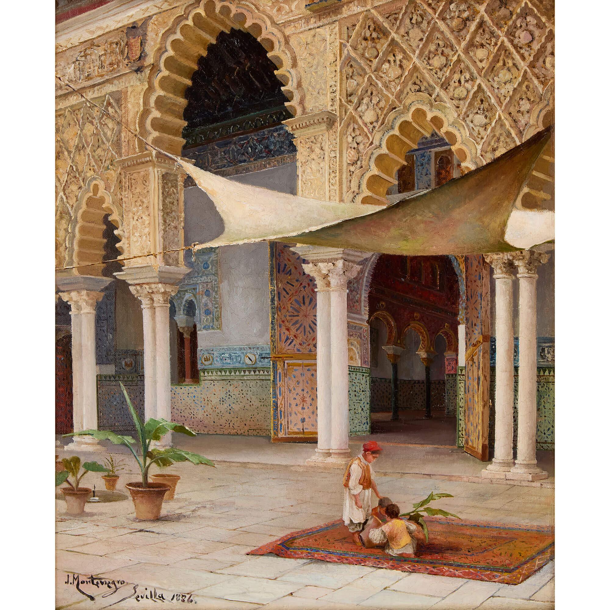 Coppia di antichi dipinti ad olio orientalisti spagnoli di Montenegro - Interior Painting Marrone di Juan Montenegro