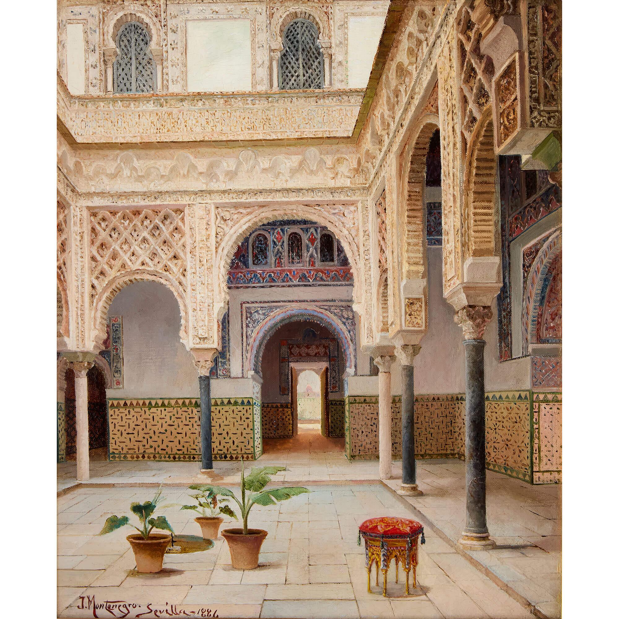 Coppia di antichi dipinti a olio orientalisti spagnoli di Montenegro
Spagnolo, 1886
Tela: Altezza 36 cm, larghezza 29,5 cm
Telaio: Altezza 56 cm, larghezza 49,5 cm, profondità 9 cm.

Questa coppia firmata di dipinti a olio del 1886 dell'artista