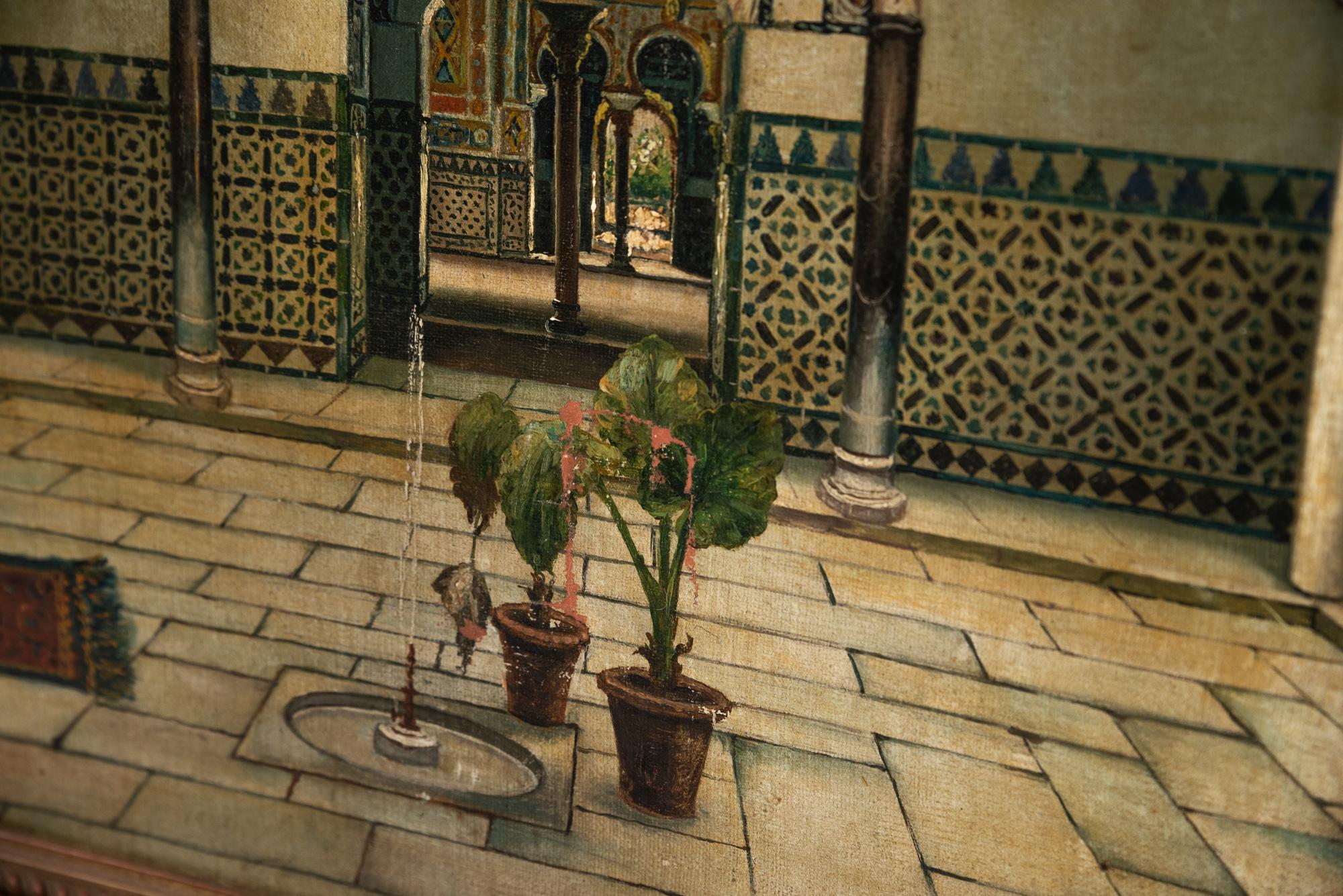 Spanish Juan Montenegro, Painting of the Backyard of the Alcazar of Seville