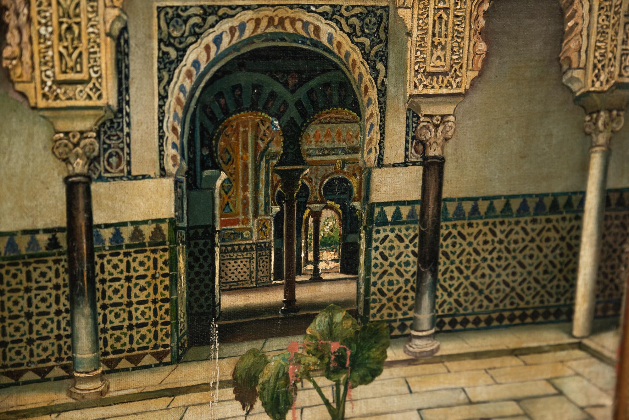 Early 20th Century Juan Montenegro, Painting of the Backyard of the Alcazar of Seville