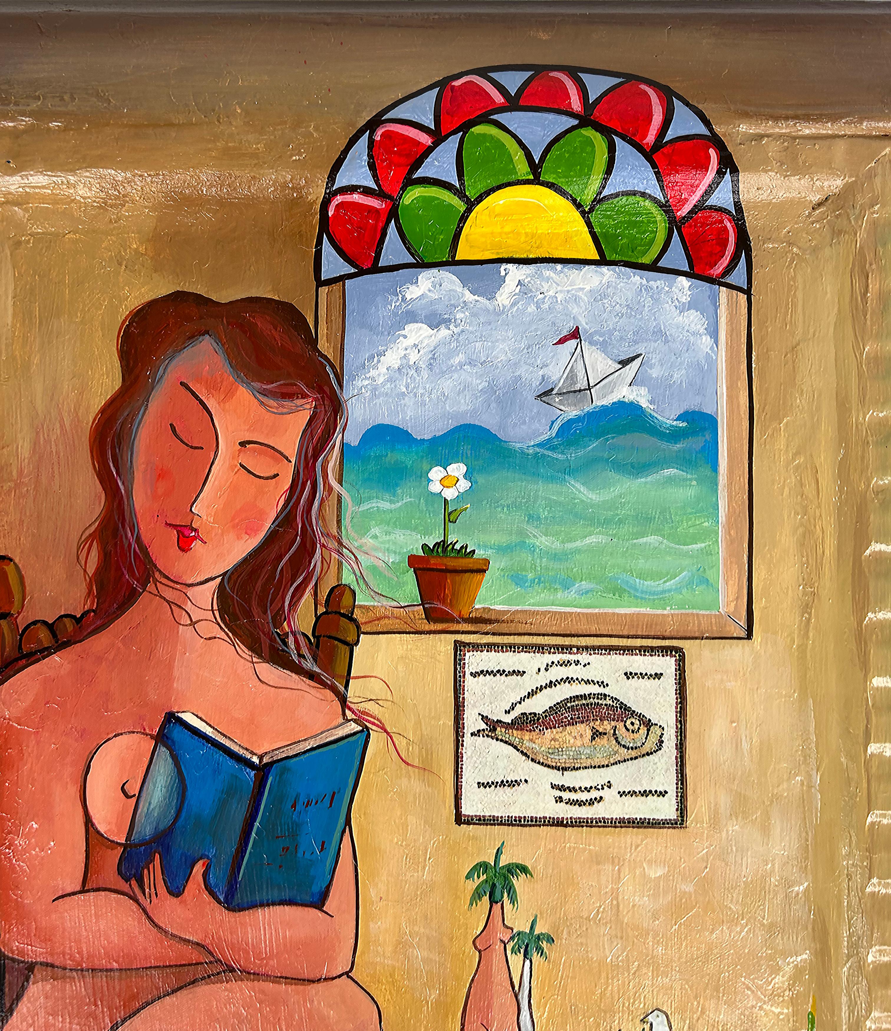 Juan Navarette - Peinture folklorique cubaine abstraite représentant une femme avec un poisson et un pigeon 

Nous proposons à la vente une peinture folklorique cubaine représentant une femme assise lisant une boîte à côté d'une fenêtre avec un