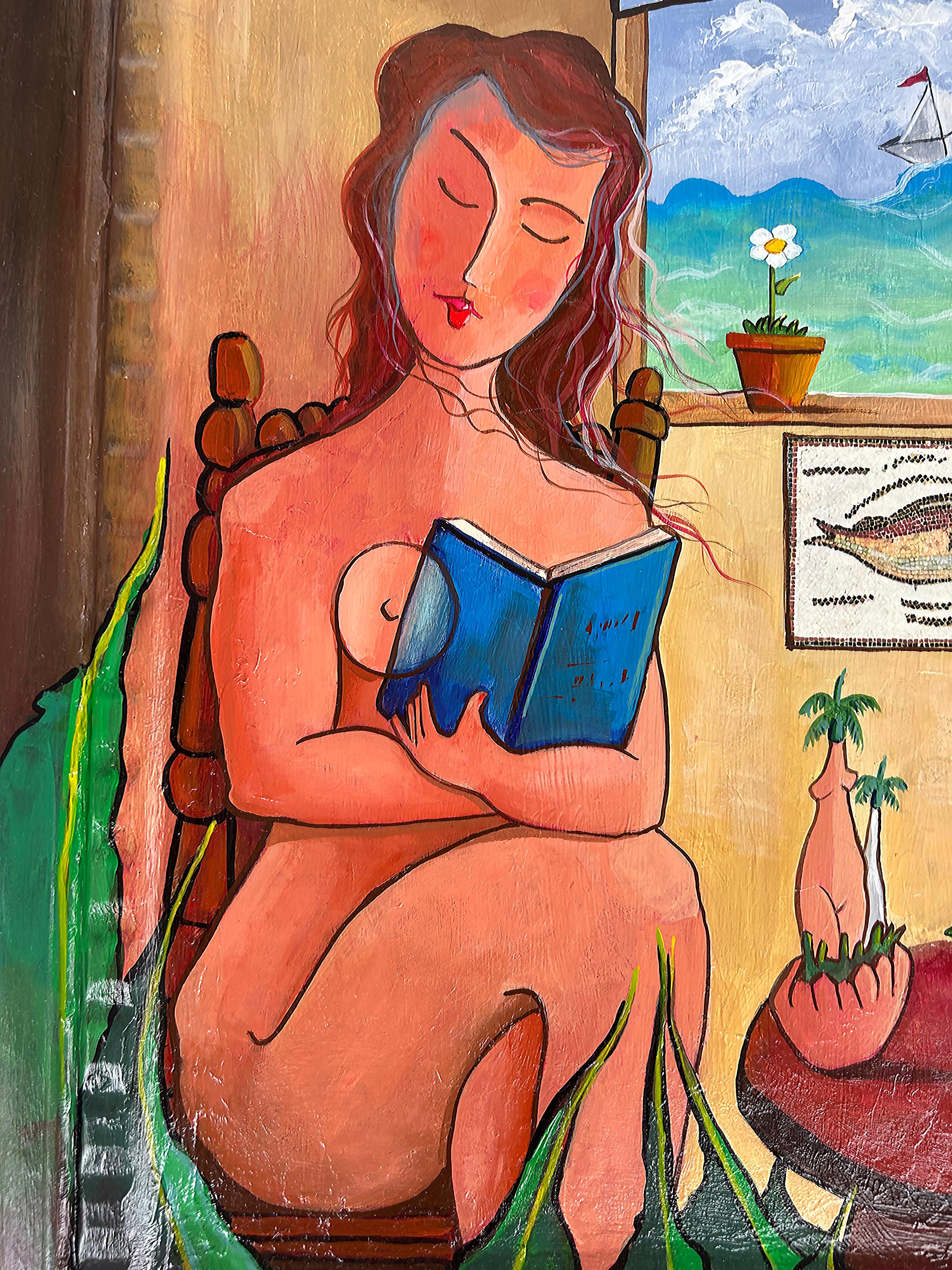 Artisanat Juan Navarette - Peinture folklorique cubaine abstraite représentant une femme avec un poisson et un pigeon  en vente