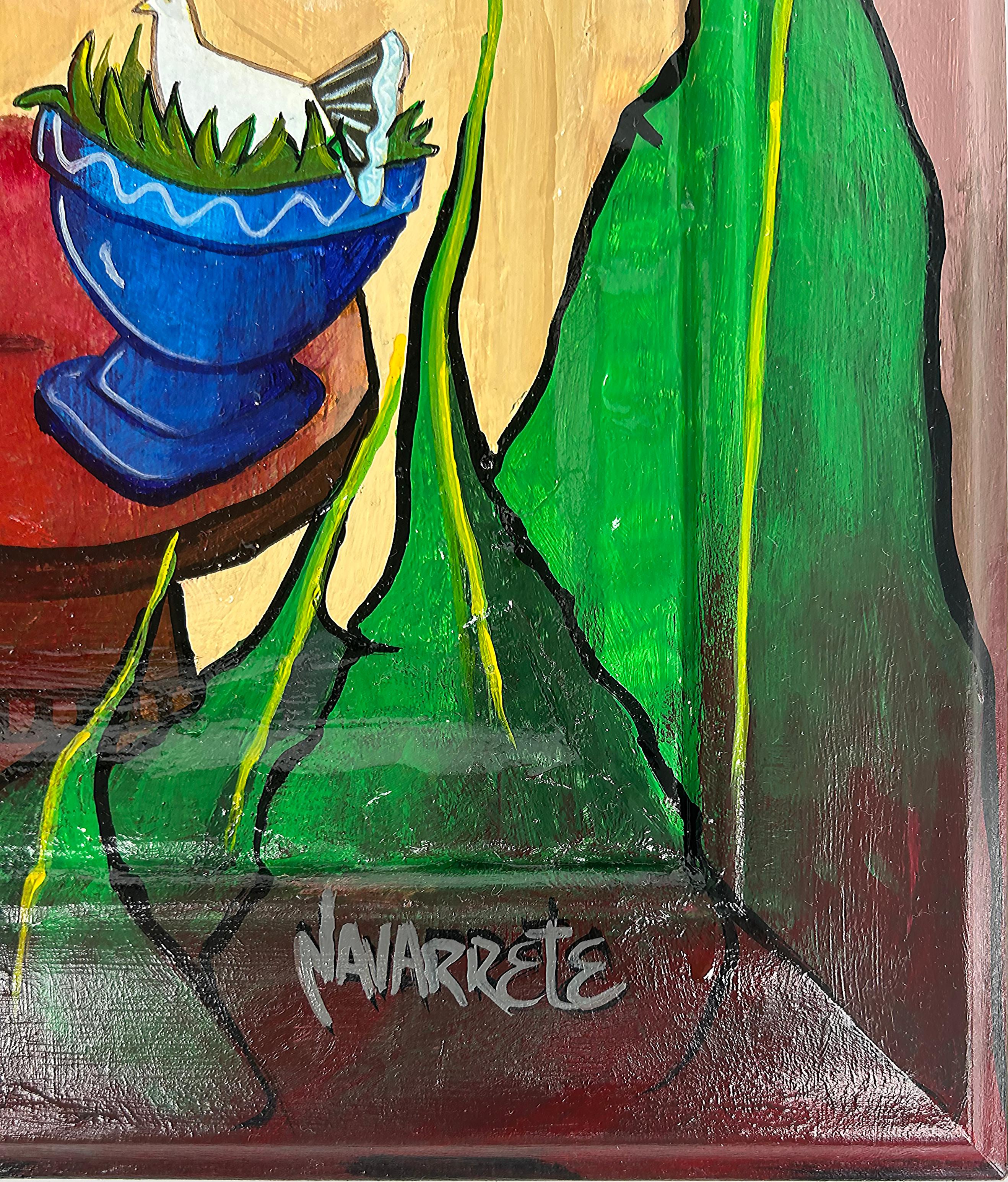 Abstrakte kubanische Volksmalerei „Painting Woman with Fish and Pigeon“ aus Navarette  (amerikanisch) im Angebot