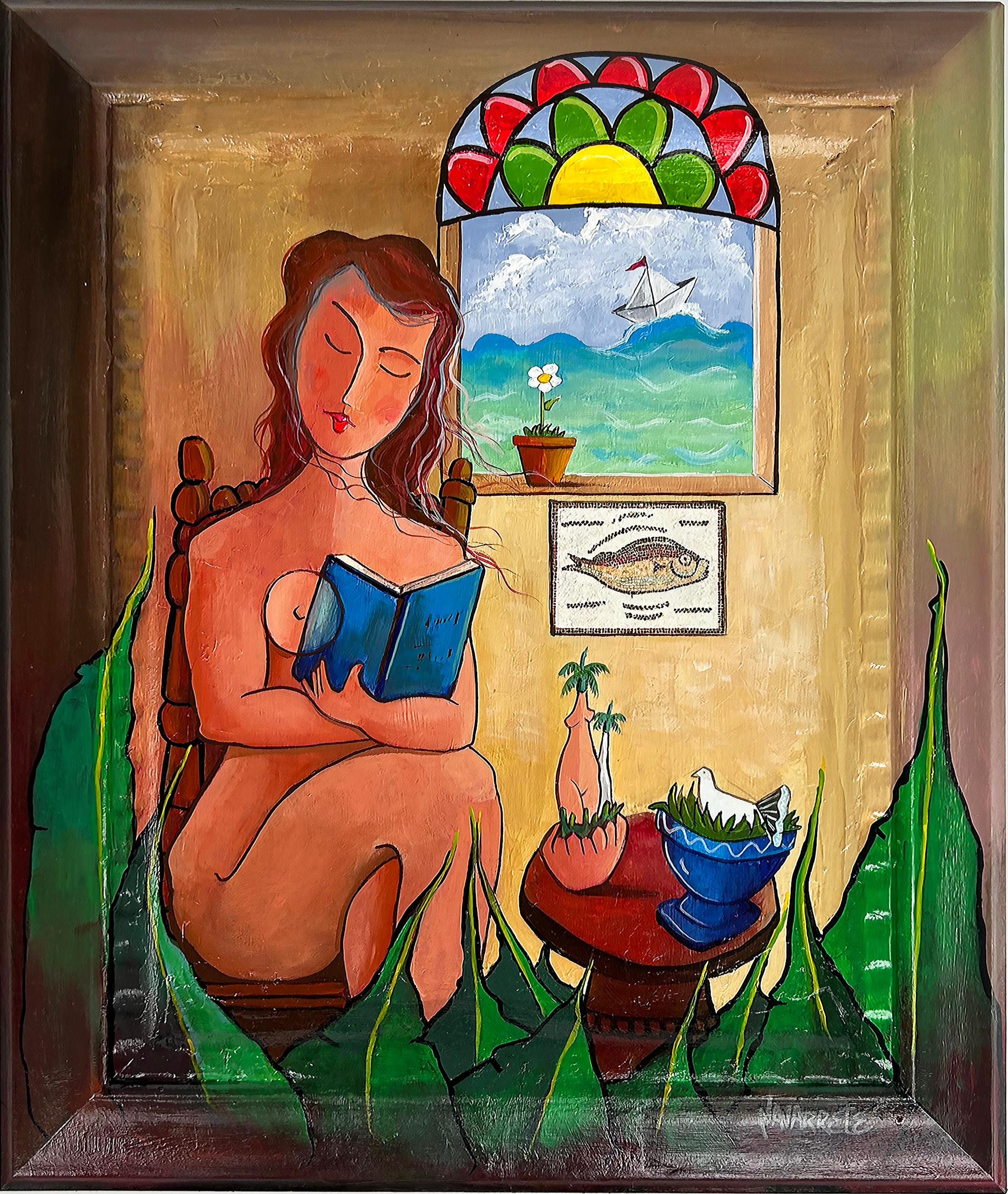 Abstrakte kubanische Volksmalerei „Painting Woman with Fish and Pigeon“ aus Navarette  (Handbemalt) im Angebot