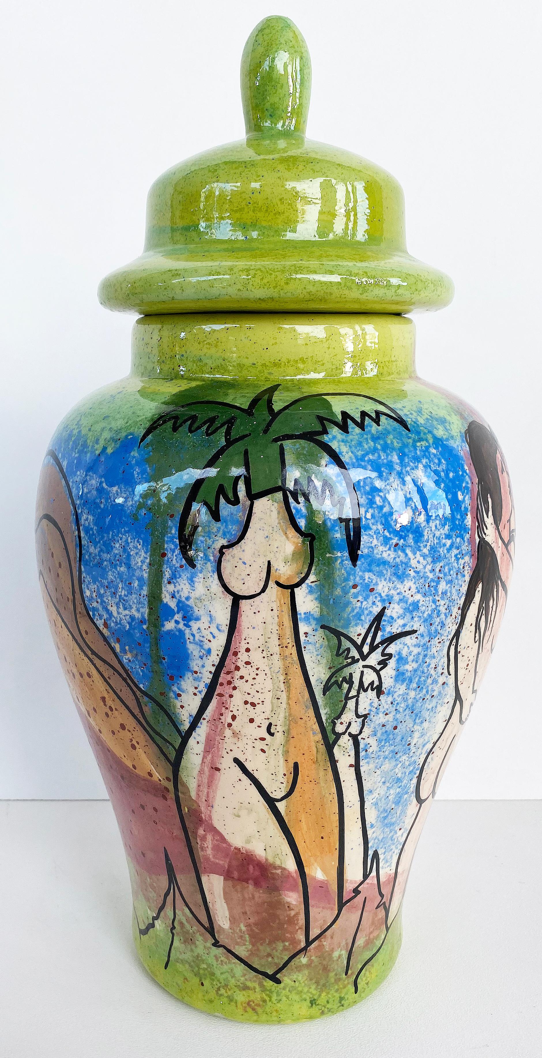 Juan Navarette Ceramic hand-painted lidded urn, Cuban American Art

Offered for sale is a hand-painted ceramic covered vessel by the renowned Cuban-American artist Juan Navarette. The urn is decorated with nude figures and additional scenes