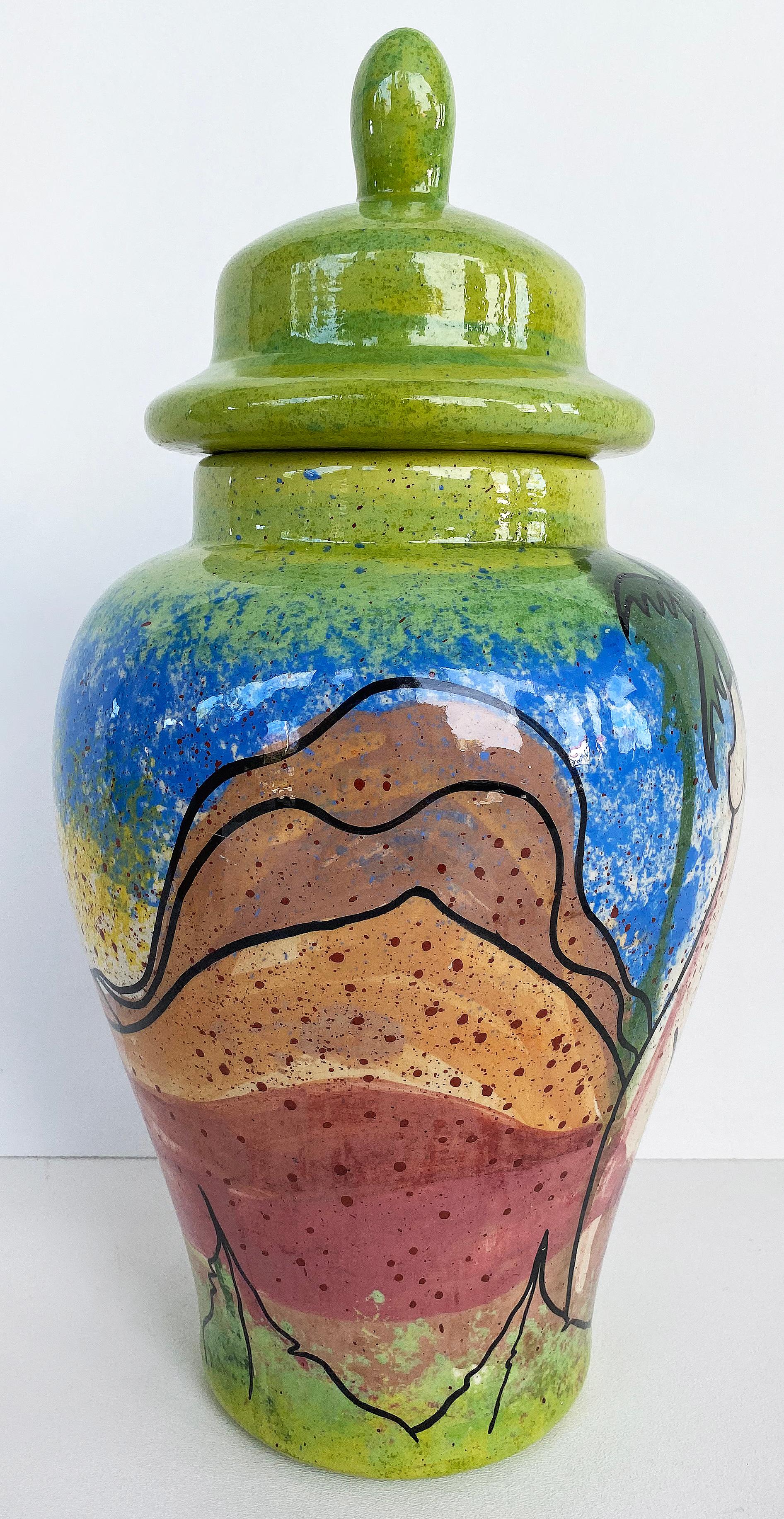 Juan Navarette Ceramic Hand-Painted Lidded Urn, Cuban American Art In New Condition For Sale In Miami, FL