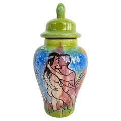 Juan Navarette Ceramic Hand-Painted Lidded Urn, Cuban American Art