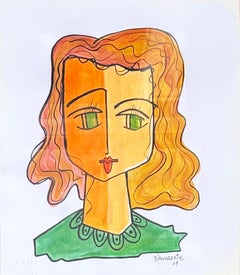 Juan Navarette "Girl Face" Abstract Painting on Paper, Framed