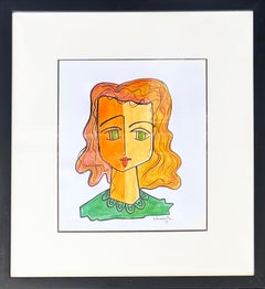 Juan Navarette "Girl Face" Abstract Painting on Paper, Framed