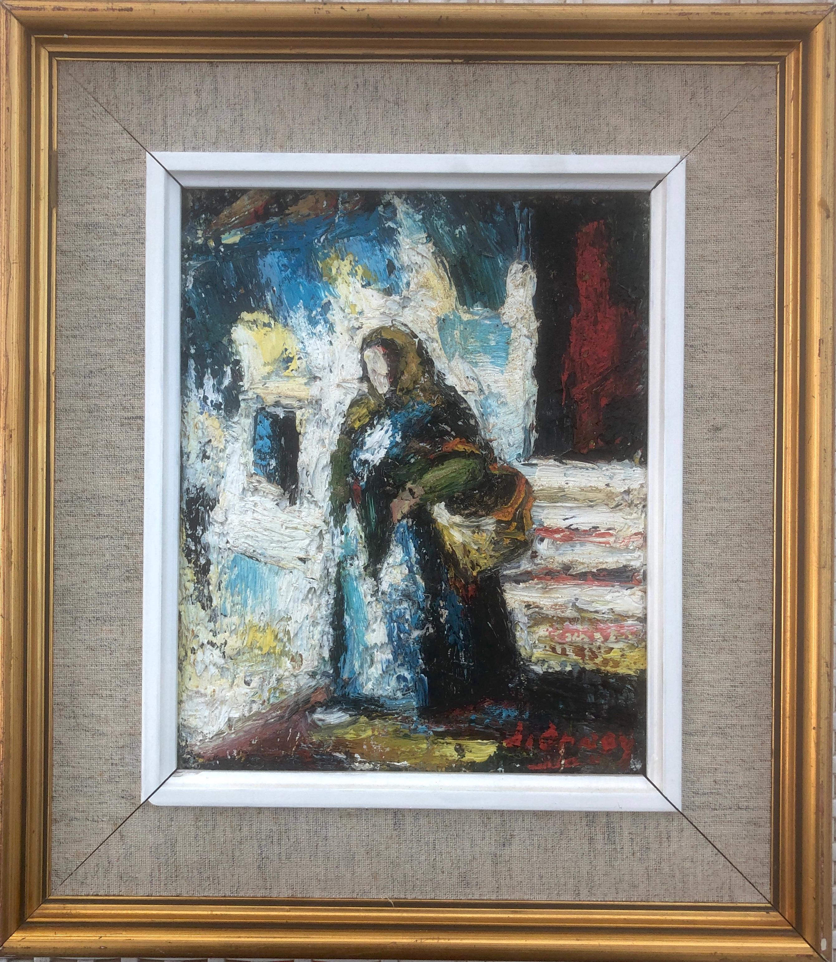 Peasant woman of Ibiza Spain oil on board painting - Painting by Juan Orvay