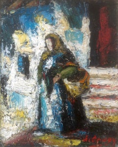 Vintage Peasant woman of Ibiza Spain oil on board painting
