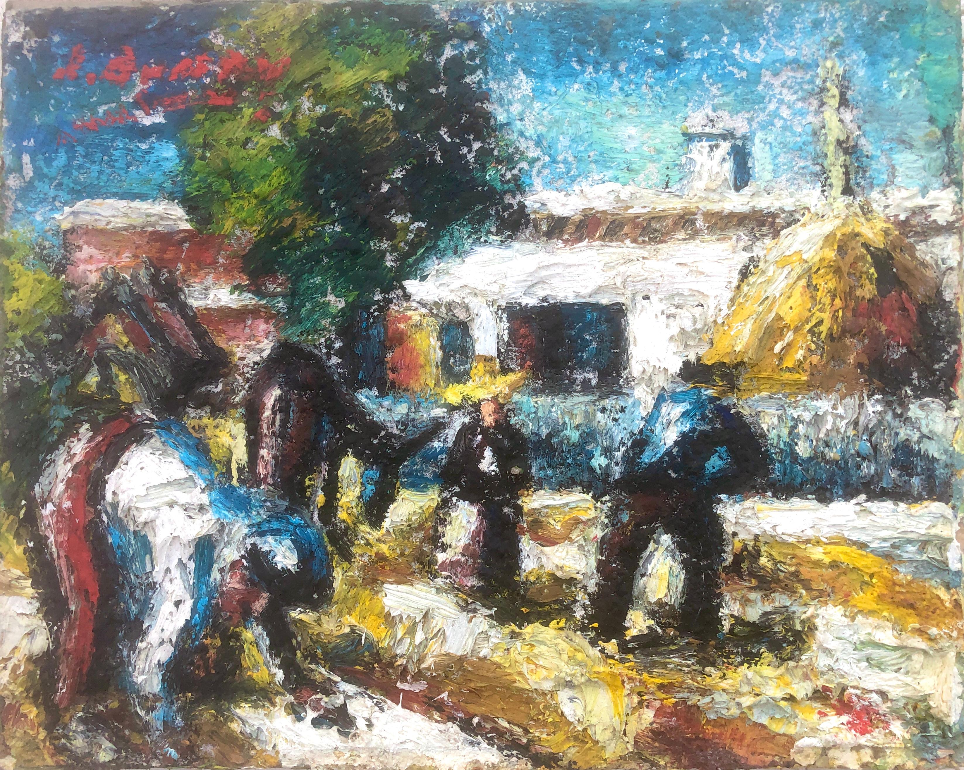 Figurative Painting Juan Orvay - Peasants of Ibiza, Espagne, peinture à l'huile sur carton