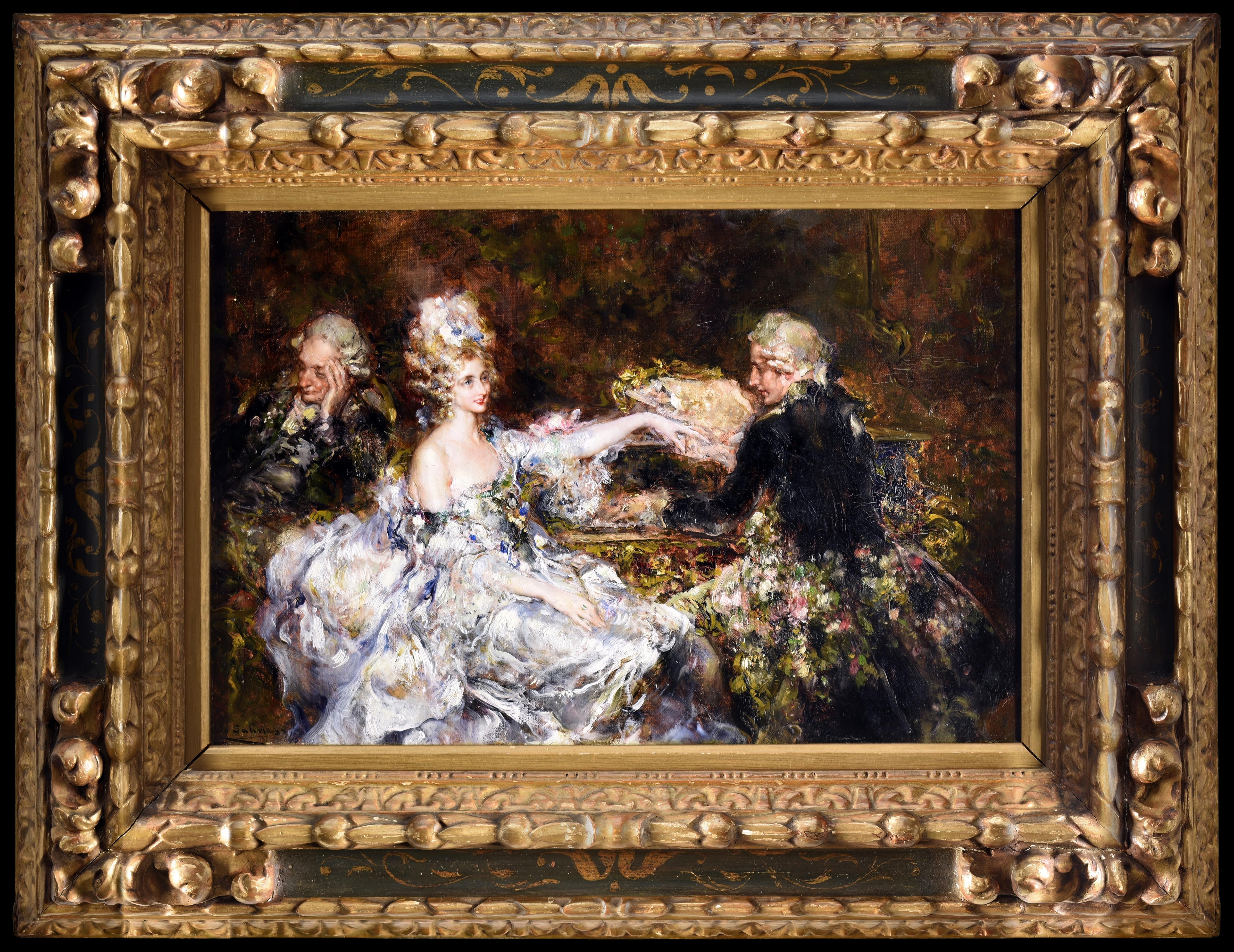 Figurative Painting di Juan Pablo Salinas Teruel - Scena di Galant con un uomo che suona il pianoforte