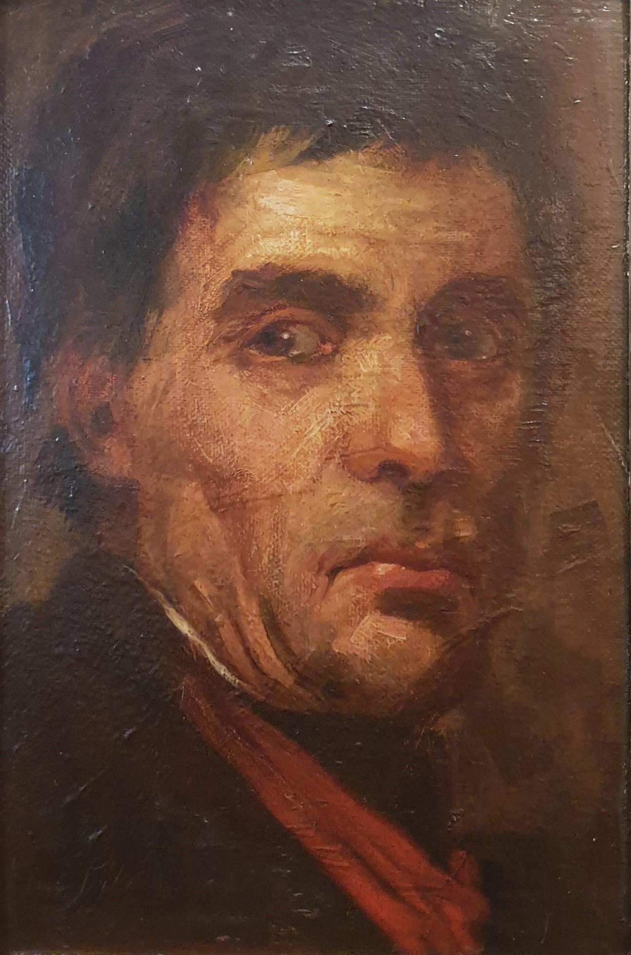 Pittura spagnola Ritratto uomo Traccia firma accademica 19° olio su tela - Painting di Juan Pablo Salinas Teruel
