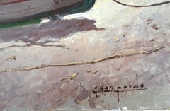 Cadaques Harbor Church Catalonia Mediterranean Fishing Boat Oil Painting Spanish