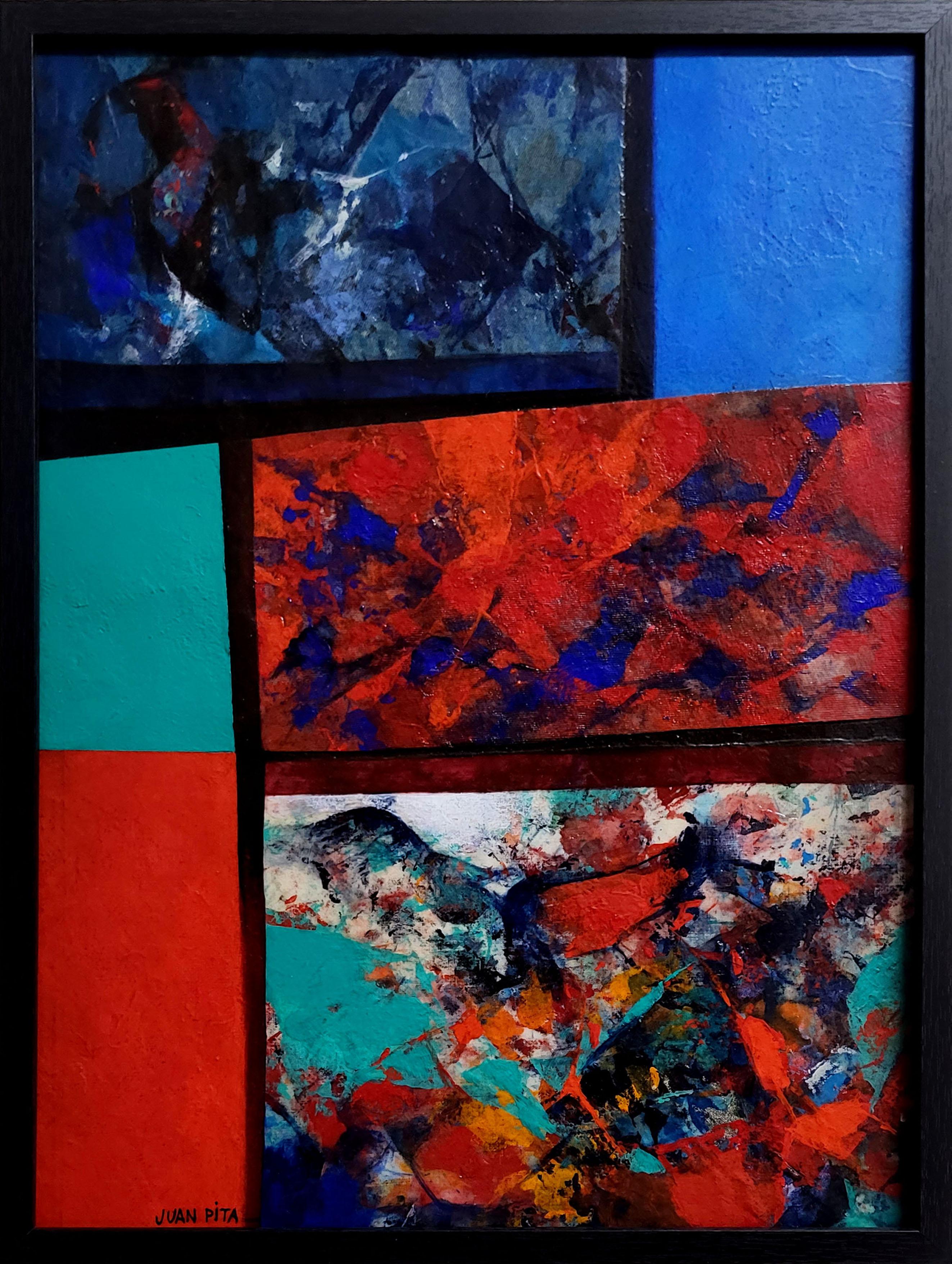 12 Cybercollage (M1). Farbenfrohes abstraktes geometrisches Gemälde. – Painting von Juan Pita