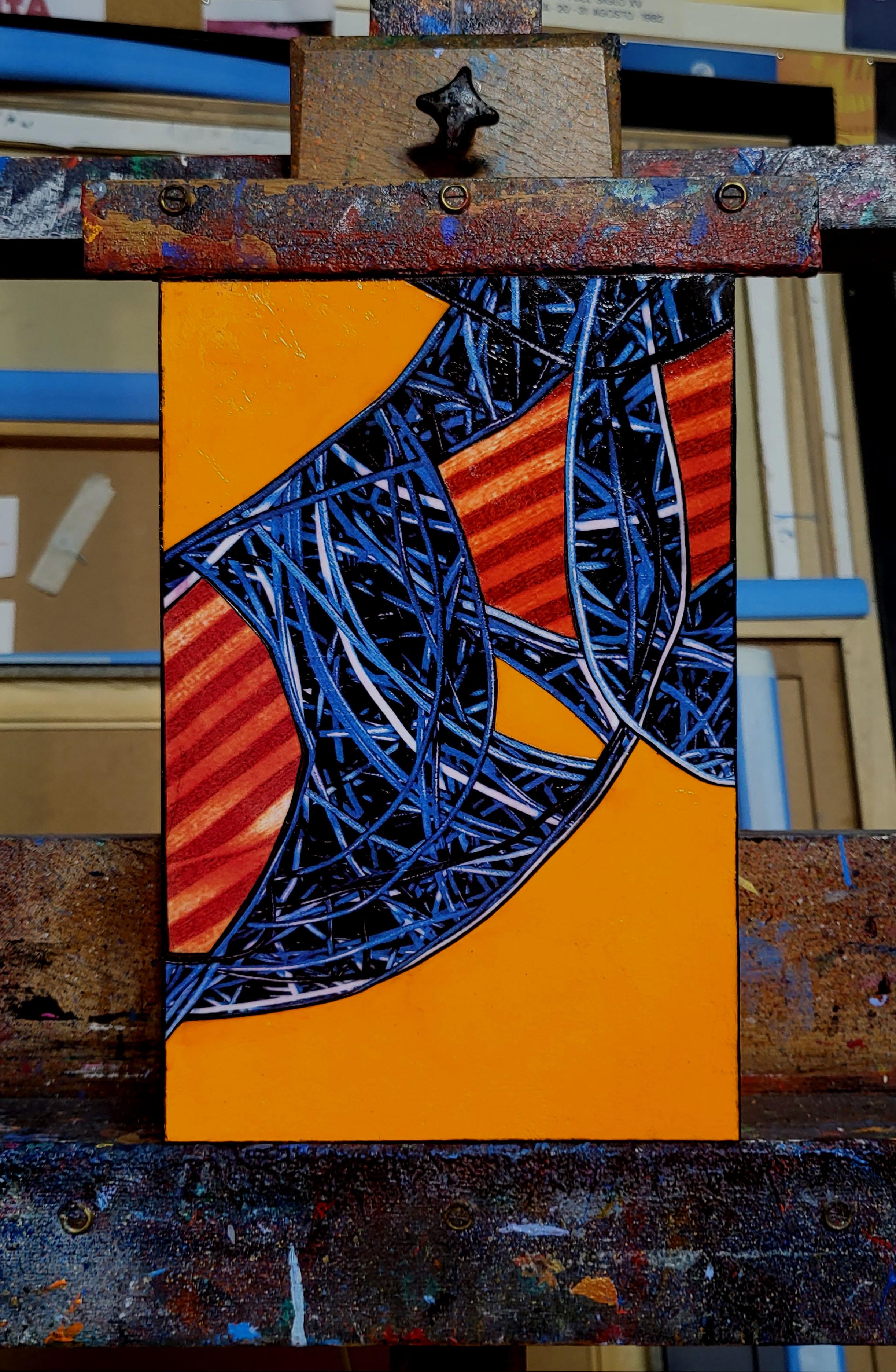 3 Cybergraph Enredo (S1). Colourful abstract geometric painting
Mixed media and Acrylic Paint on panel, 2025.
Dimensions: 30 x 20 x 4 cm. 
In inches: 11.8