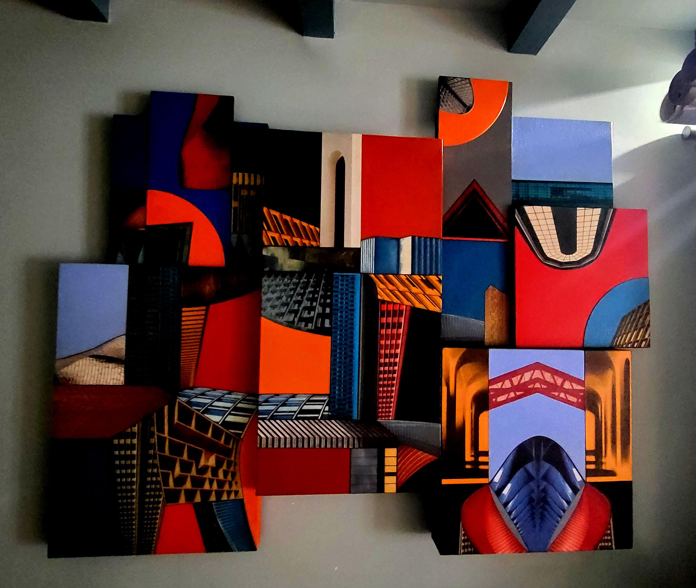 Cyberurban 3D (L3). Peinture constructiviste abstraite colorée futuriste en vente 4