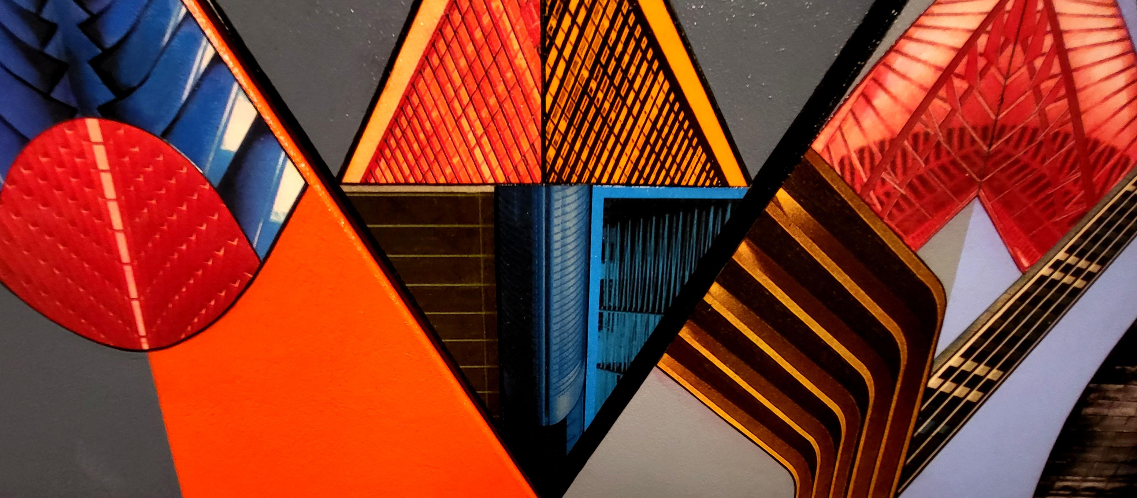 Cyberurban en triángulos. Peinture abstraite constructiviste colorée futuriste. en vente 1